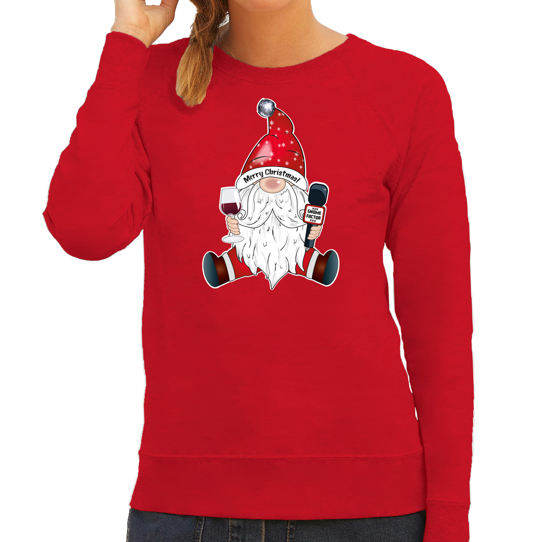 Foute kersttrui-sweater voor dames karaoke gnoom rood kerstkabouter zingen