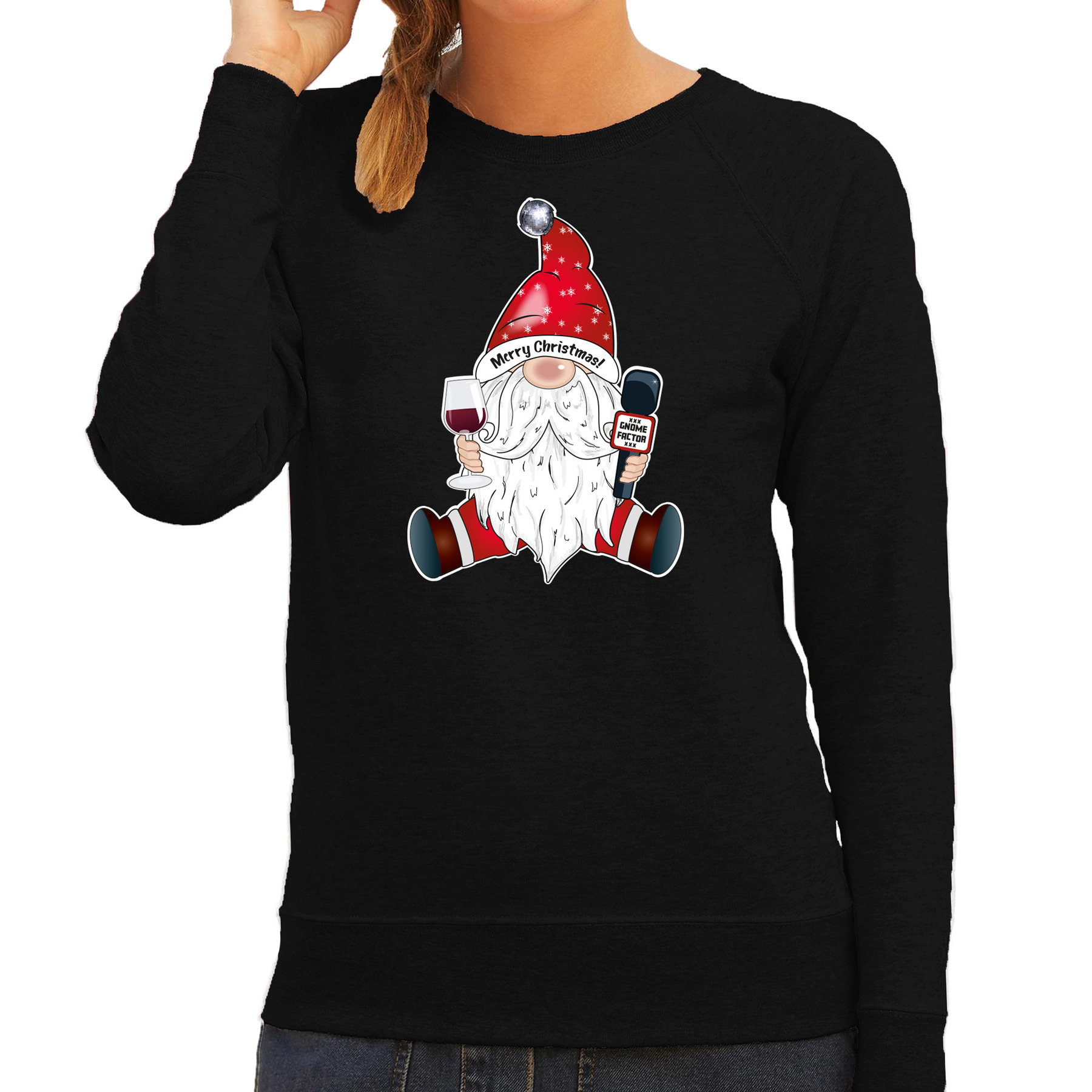 Foute kersttrui-sweater voor dames karaoke gnoom zwart kerstkabouter zingen