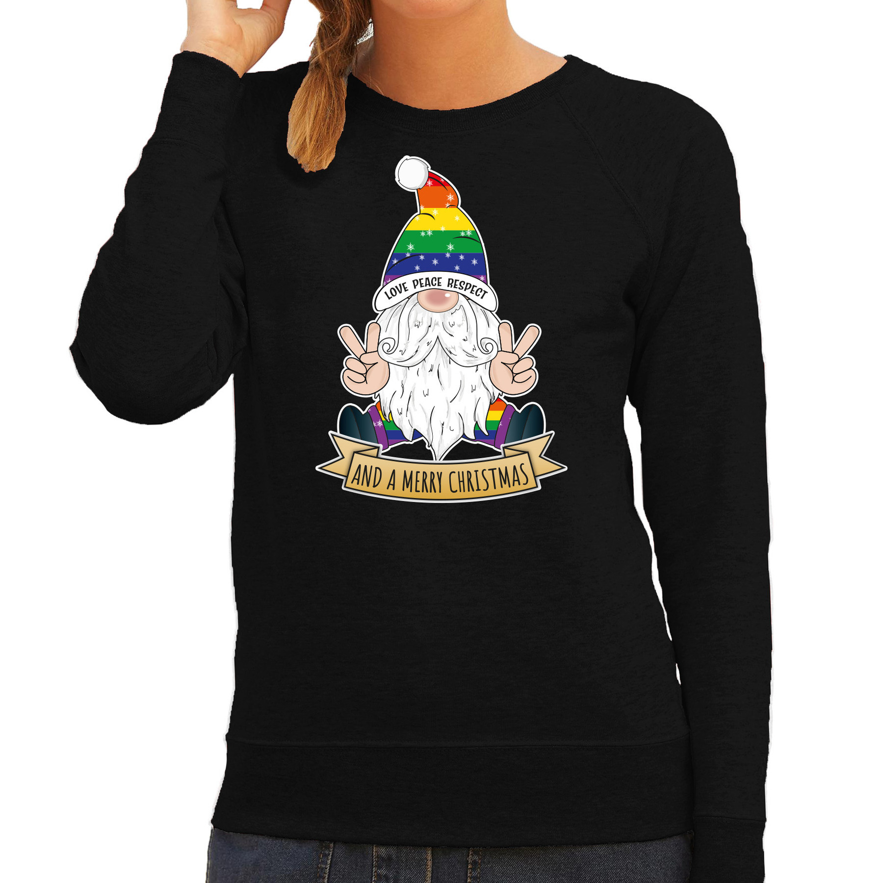 Foute Kersttrui-sweater voor dames Pride Gnoom zwart LHBTI-LGBTQ kabouter