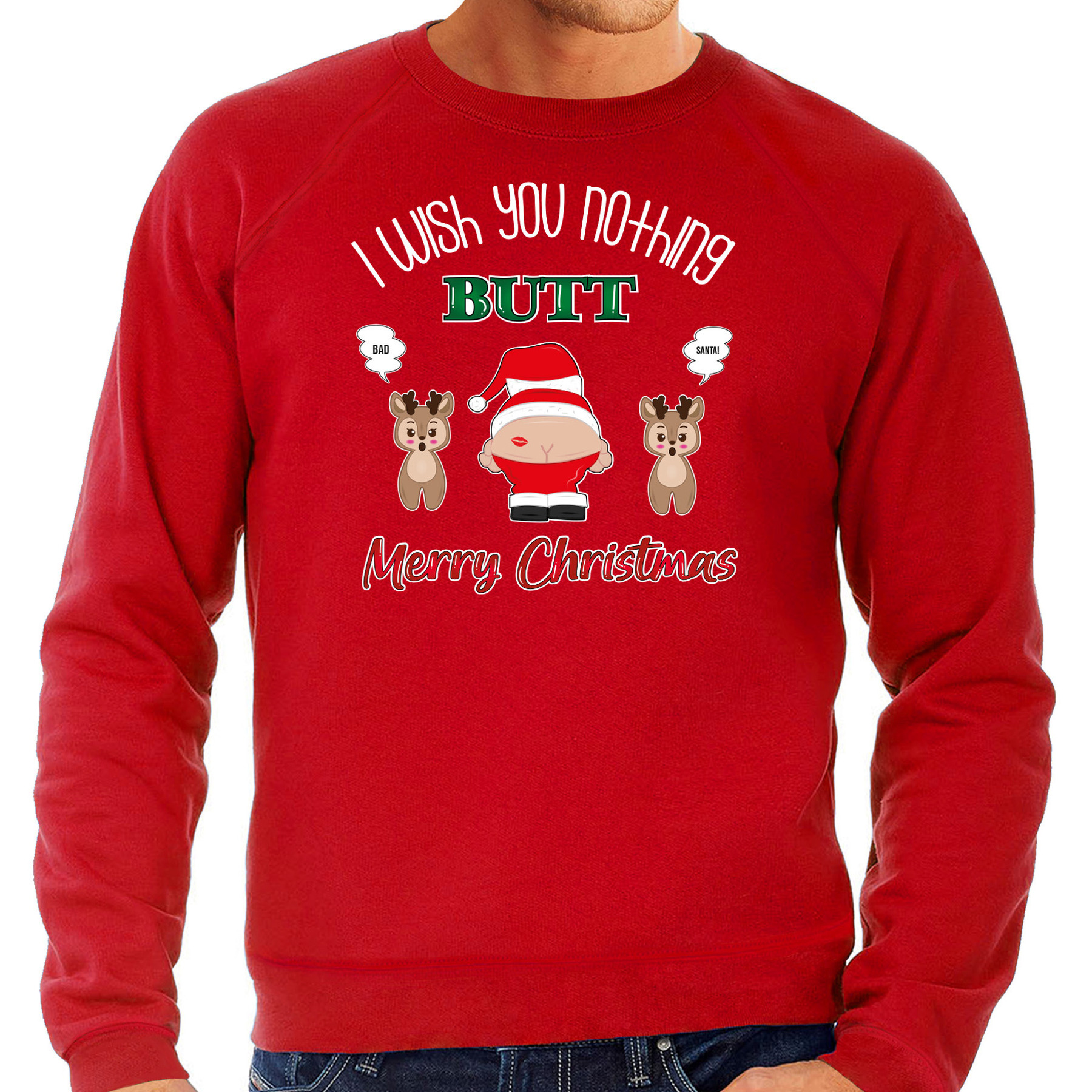 Foute Kersttrui-sweater voor heren I Wish You Nothing Butt Merry Christmas rood Kerstman