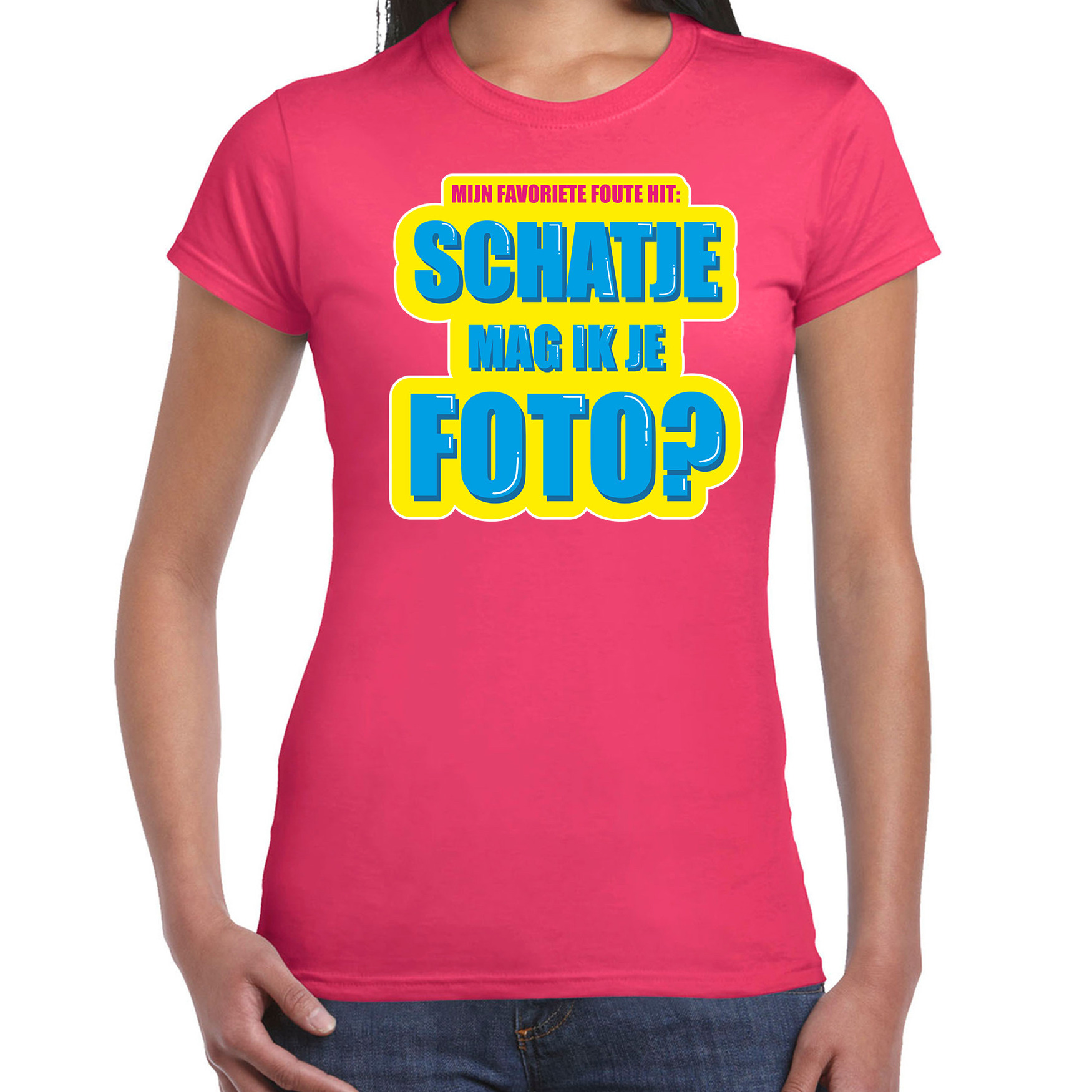 Foute party Schatje mag ik je foto verkleed t-shirt roze dames Foute party hits outfit- kleding