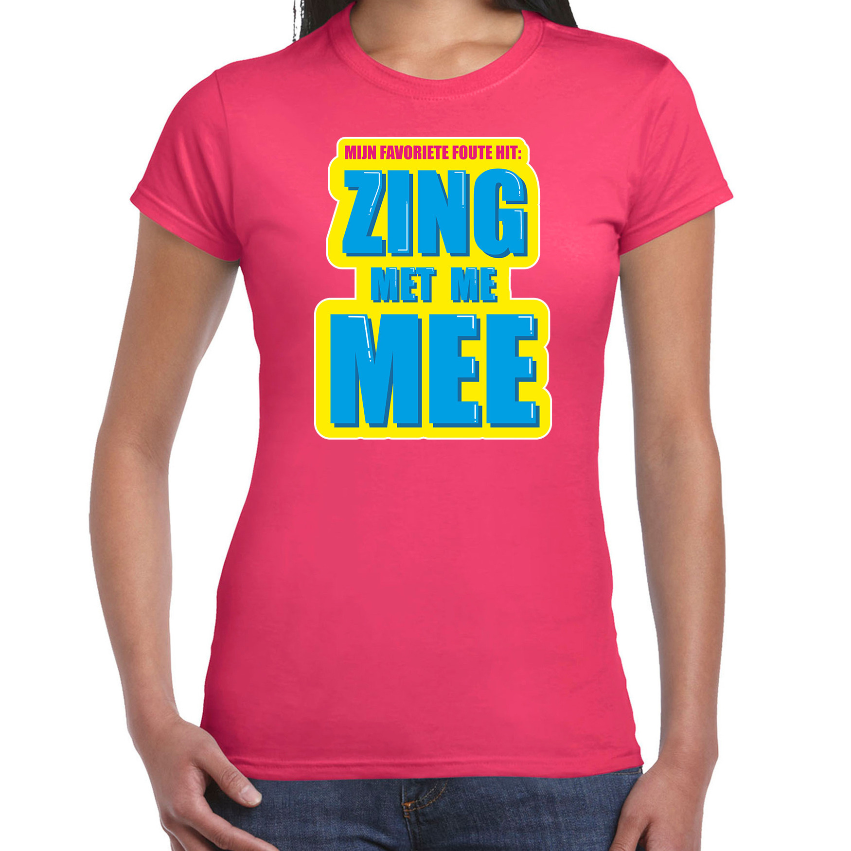 Foute party Zing met me mee verkleed t-shirt roze dames Foute party hits outfit- kleding
