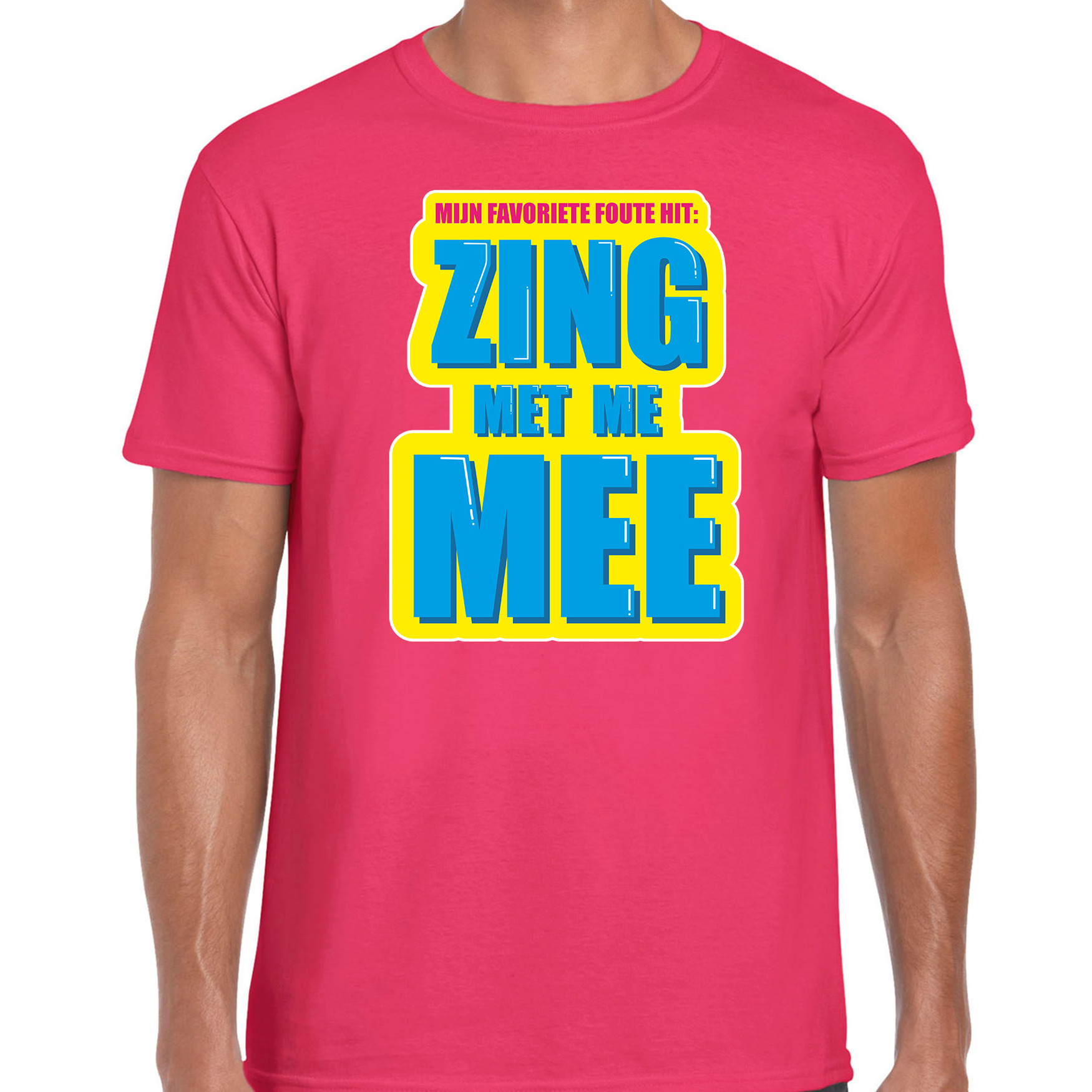 Foute party Zing met me mee verkleed t-shirt roze heren - Foute party hits outfit/ kleding - Foute party t-shirts - Bellatio