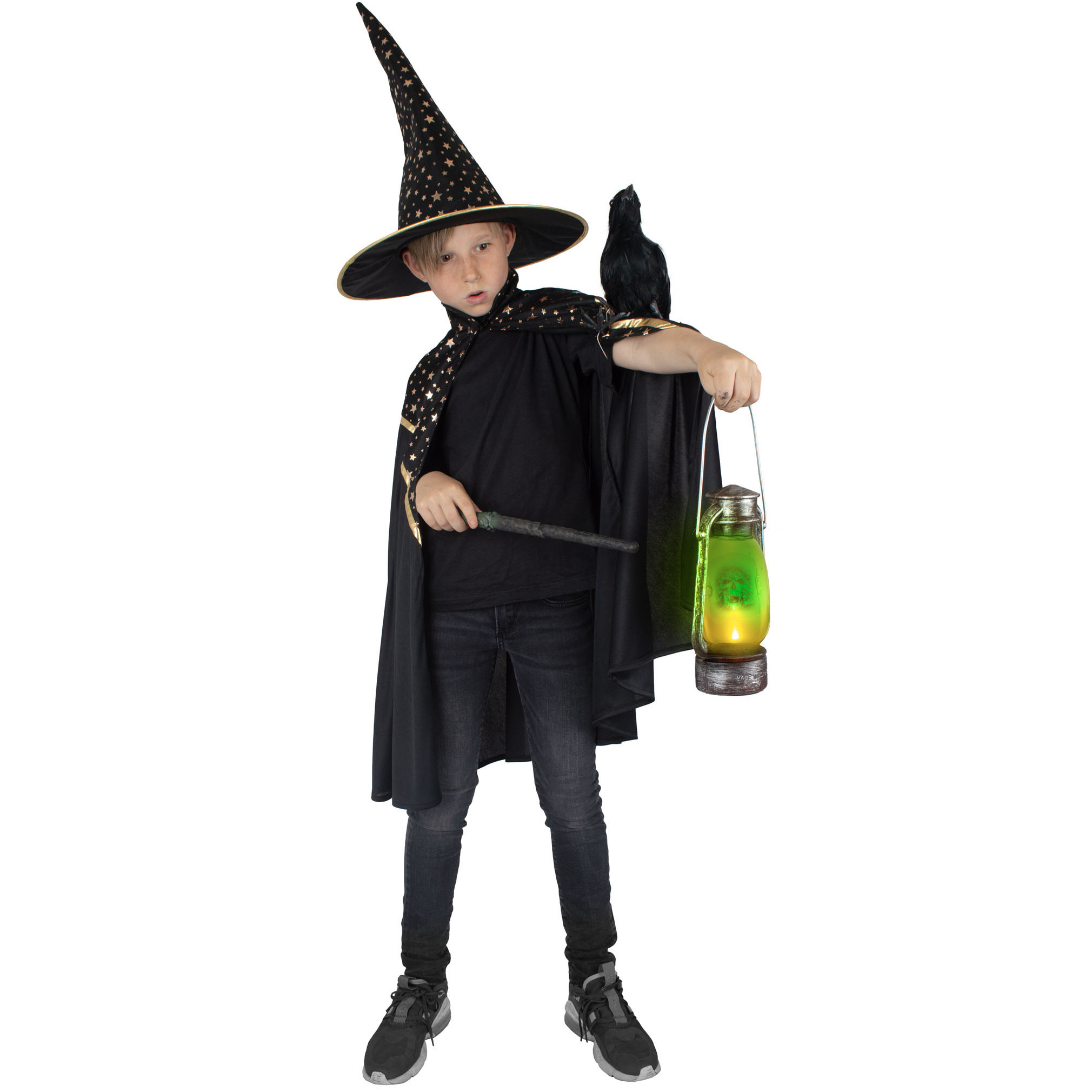 Funny Fashion Tovenaars verkleed cape/hoed - kinderen - zwart met sterren - Carnaval kostuum