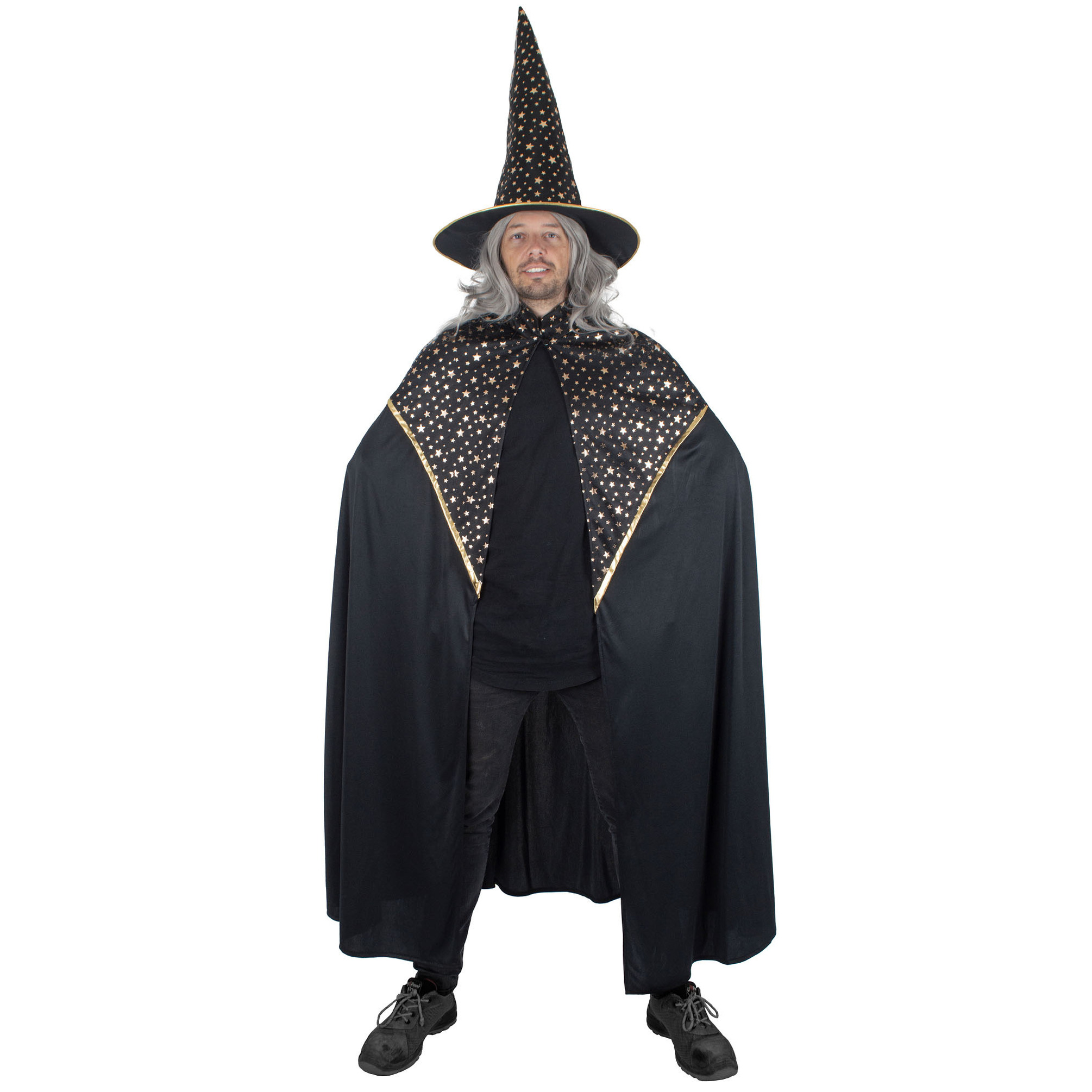 Funny Fashion Tovenaars verkleed cape-hoed volwassenen zwart met sterren Carnaval kostuum