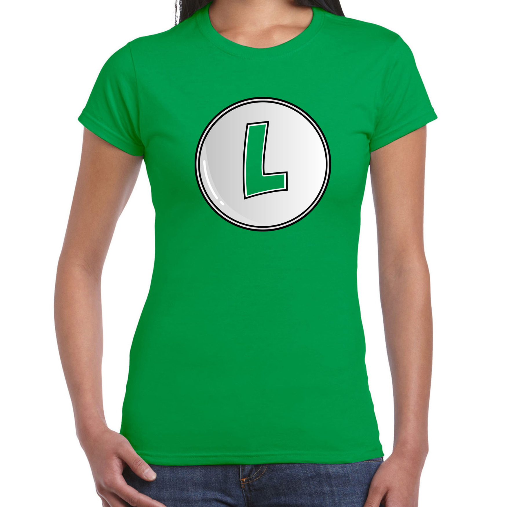 Afbeelding van Game verkleed t-shirt voor dames - loodgieter Luigi - groen - carnaval/themafeest kostuum
