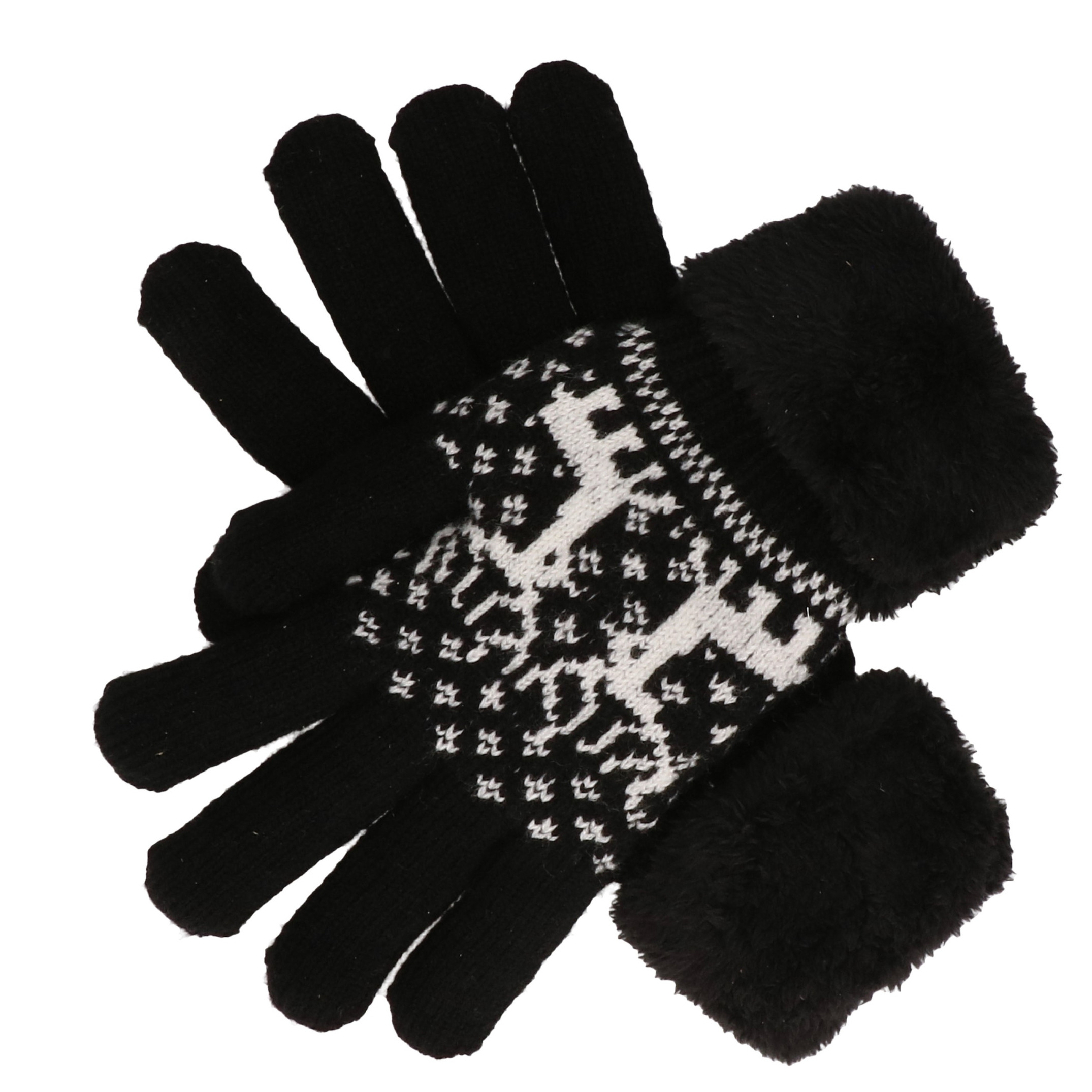 Gebreide winter handschoenen Noors patroon rendier-zwart met pluche voor dames