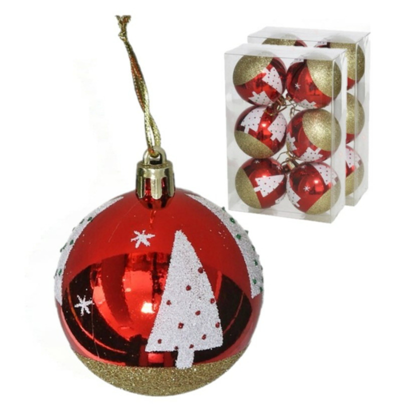 Gedecoreerde kerstballen 12x st 6 cm kunststof rood met kerstboom