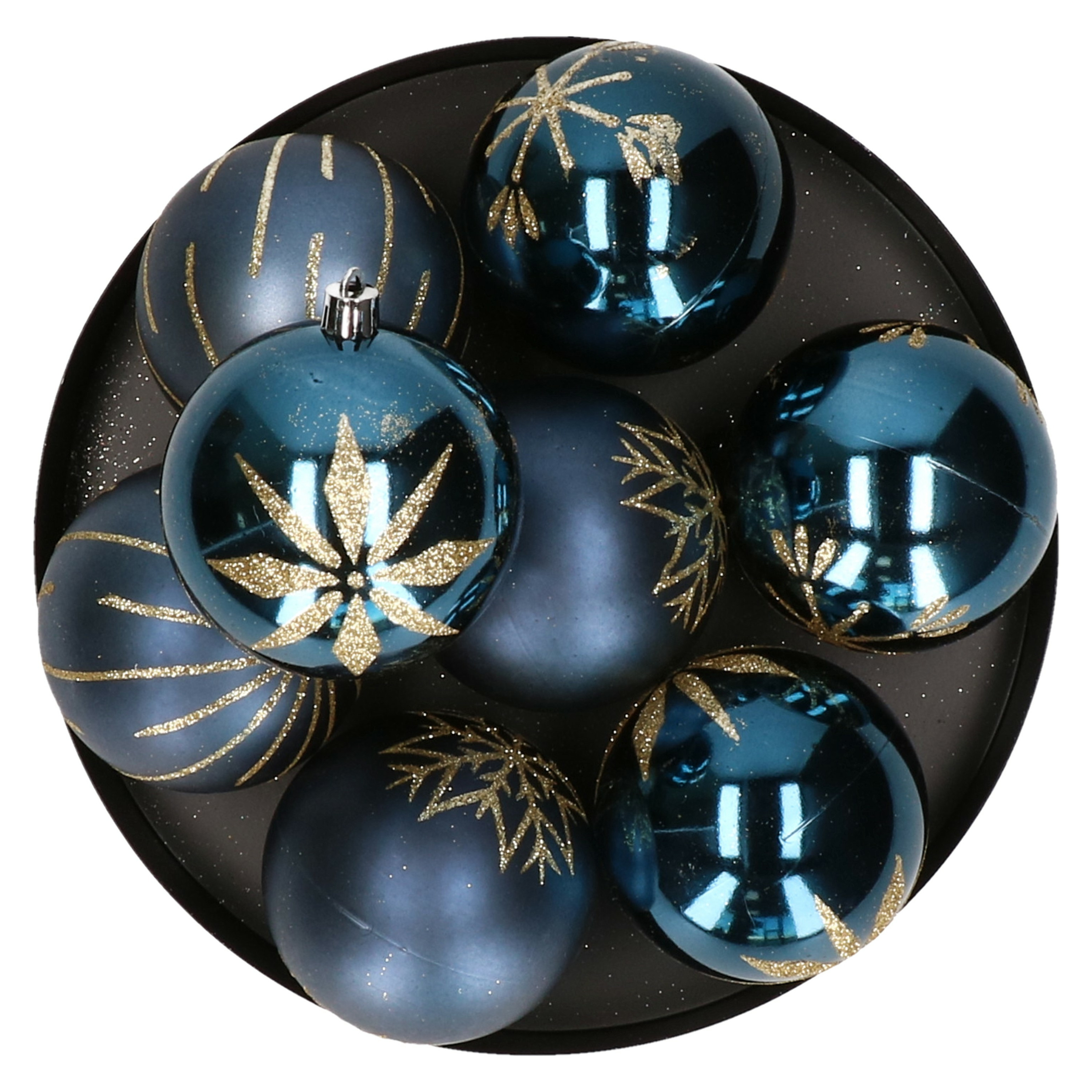 Gedecoreerde kerstballen 8x st 8 cm kunststof blauw-goud