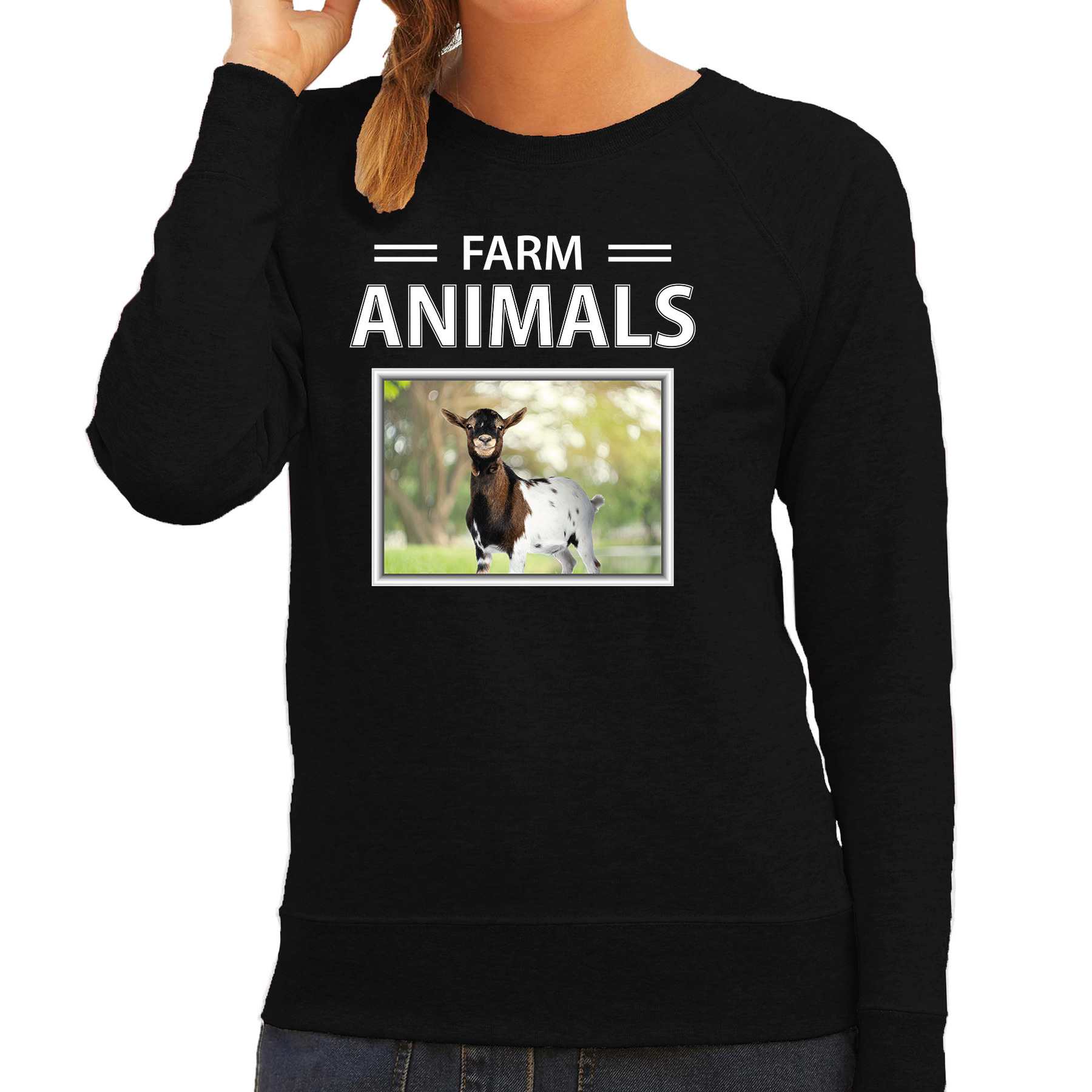 Geiten sweater-trui met dieren foto farm animals zwart voor dames
