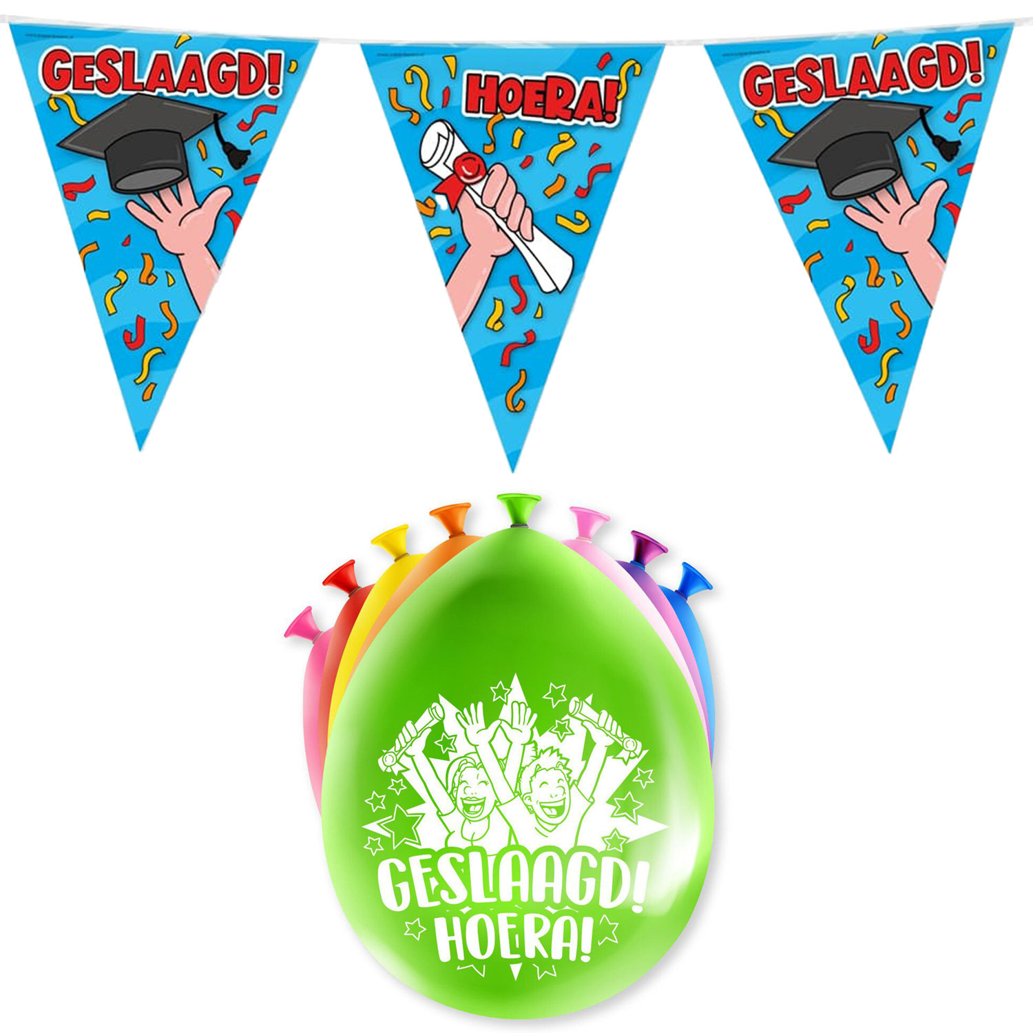 Geslaagd thema party versiering set Hoera Vlaggenlijn en 16x ballonnen
