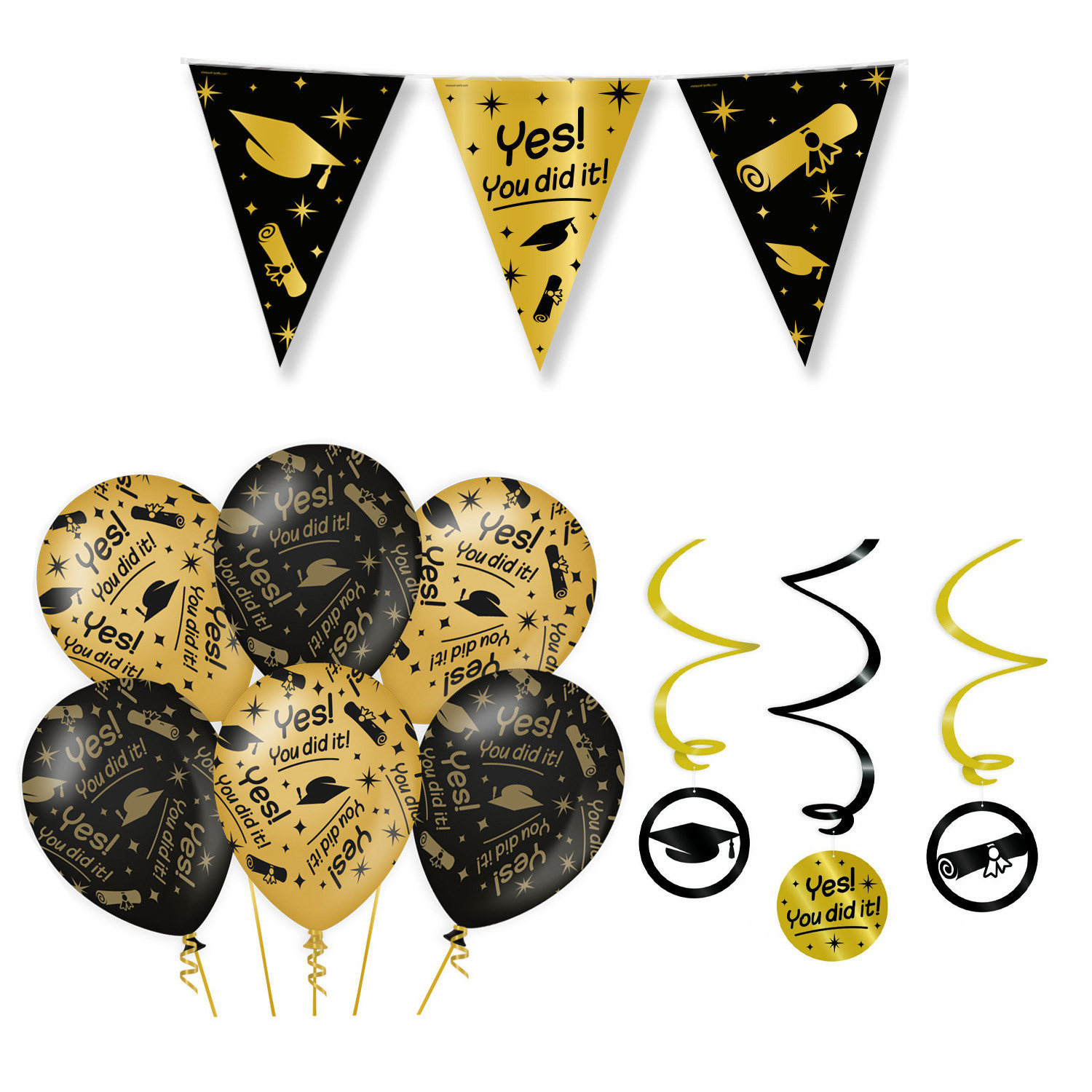 Geslaagd thema party versiering set You did it - Vlaggenlijn/hang deco en 12x ballonnen -