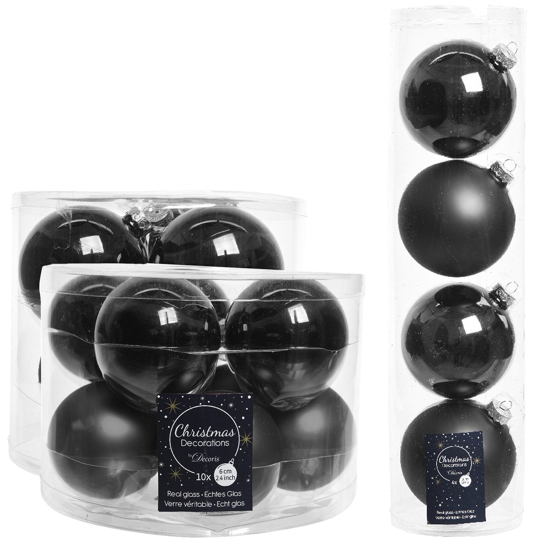 Glazen kerstballen pakket zwart glans-mat 26x stuks diverse maten