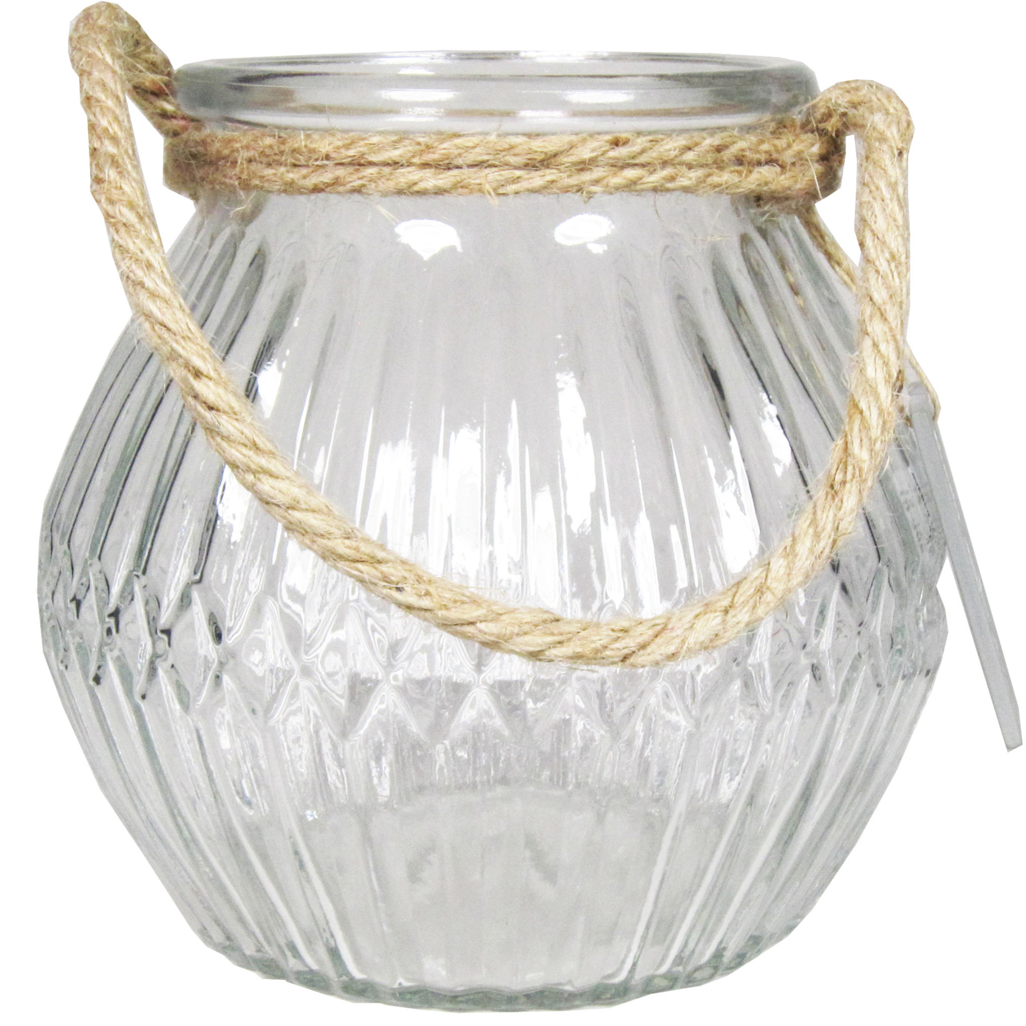 Glazen ronde windlicht Crystal 2,5 liter met touw hengsel-handvat 16 x 14,5 cm