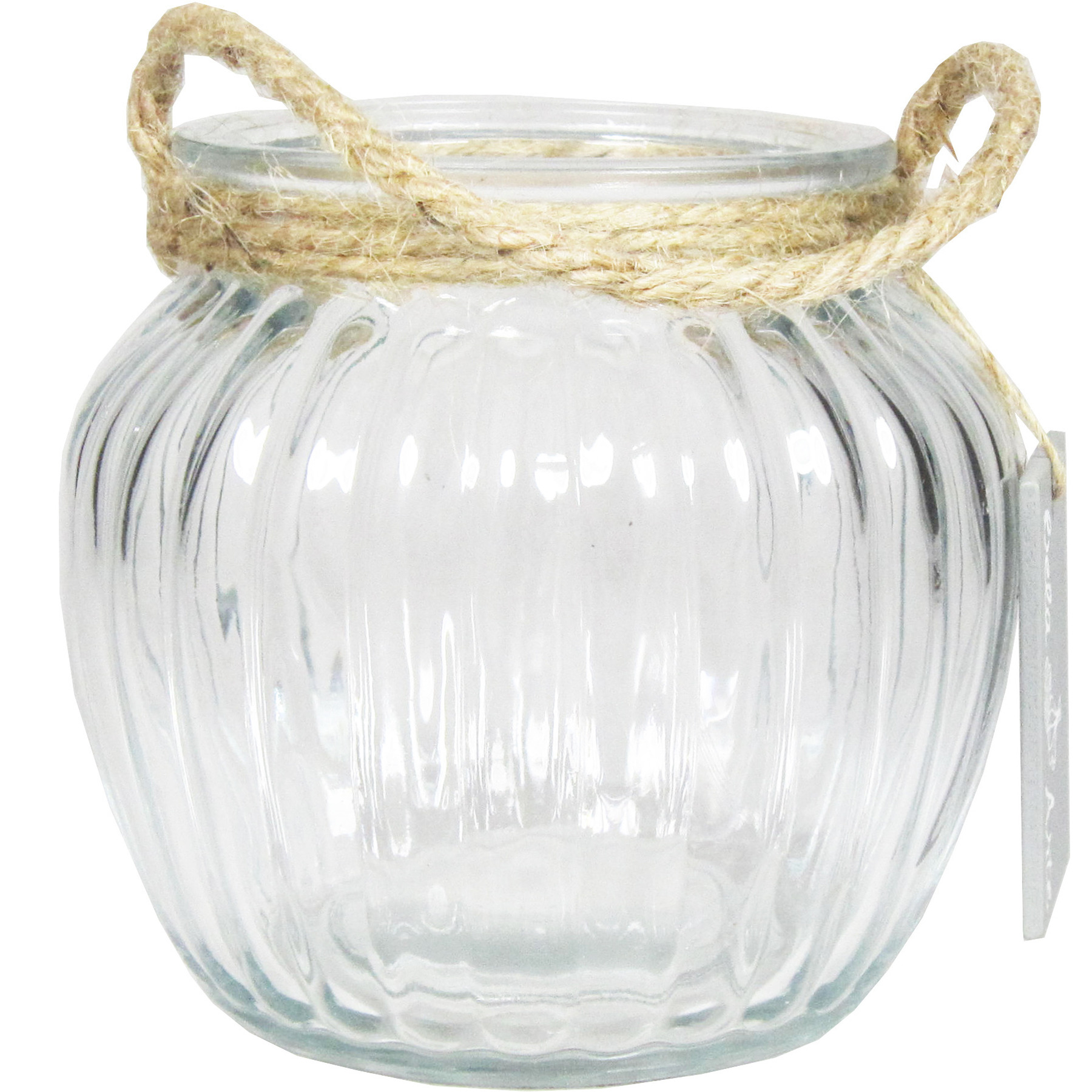 Glazen ronde windlicht Ribbel 1,5 liter met touw hengsel-handvat 12 x 10,5 cm
