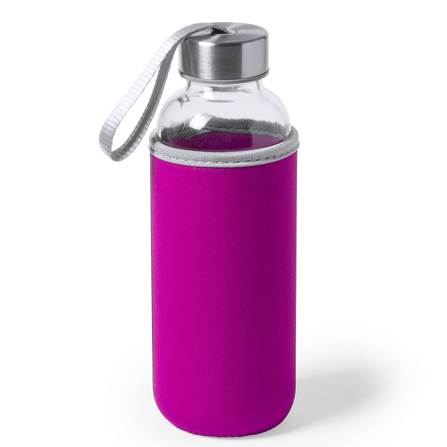 Glazen waterfles-drinkfles met fuchsia roze softshell bescherm hoes 420 ml