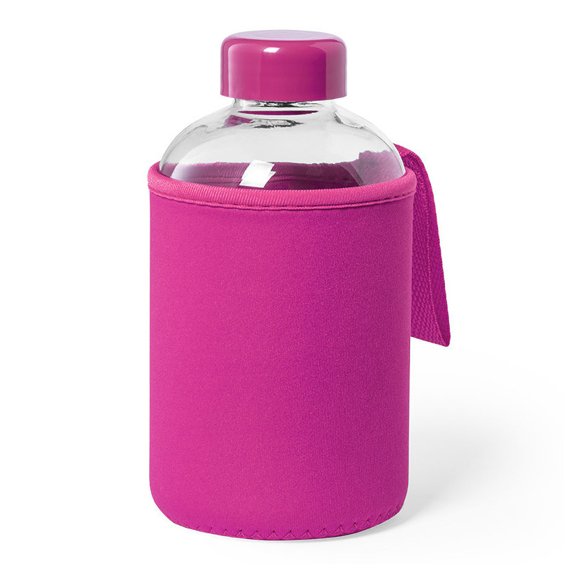 Glazen waterfles-drinkfles met fuchsia roze softshell bescherm hoes 600 ml