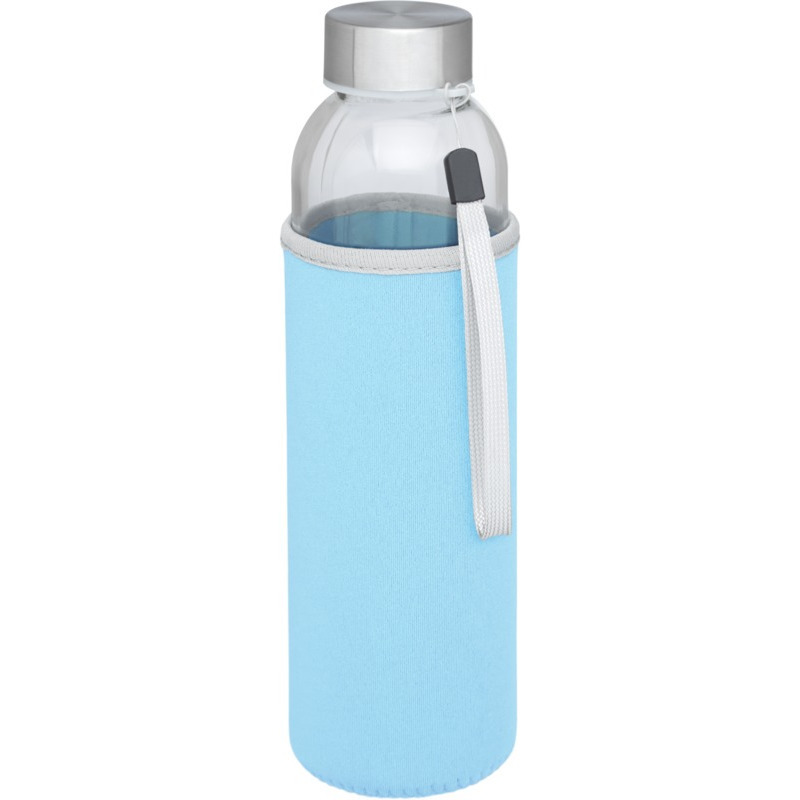Glazen waterfles-drinkfles met lichtblauwe softshell bescherm hoes 500 ml