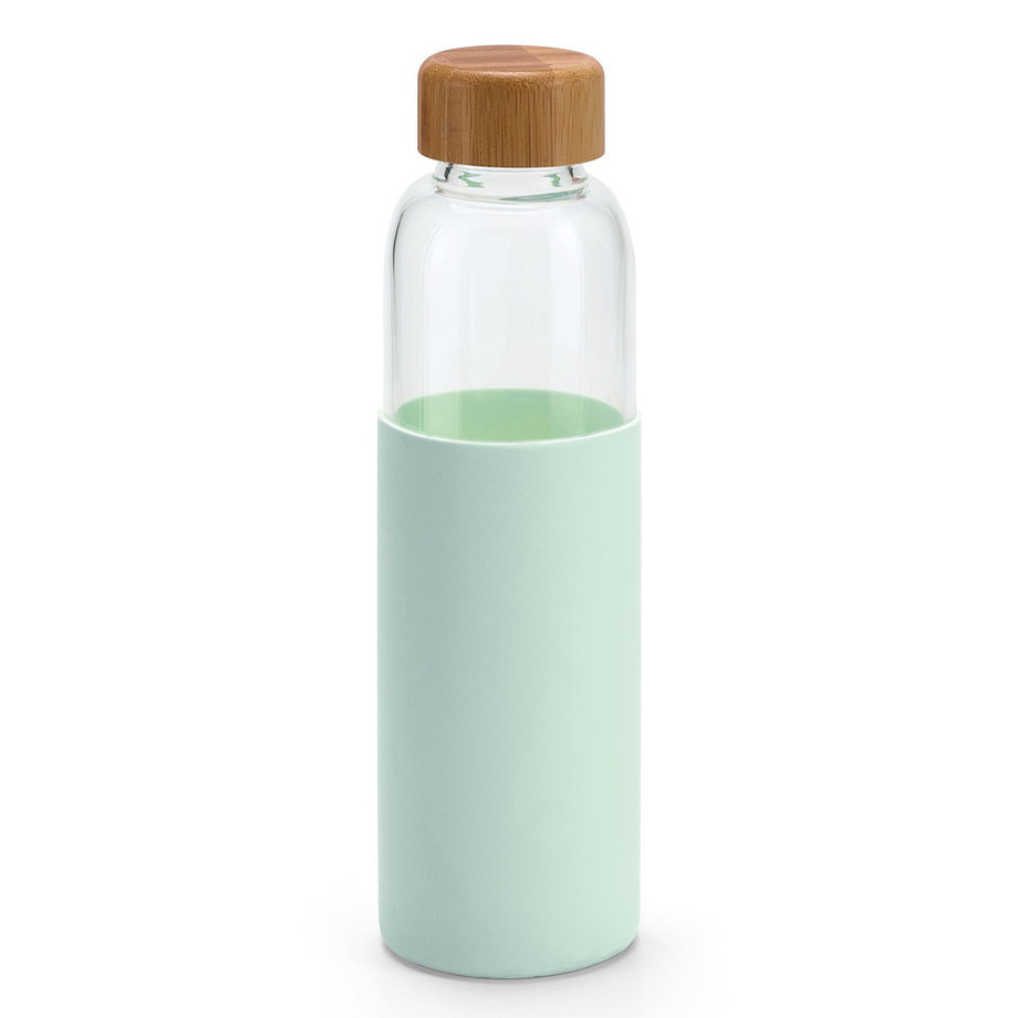 Glazen waterfles-drinkfles met mint groene siliconen bescherm hoes 600 ml