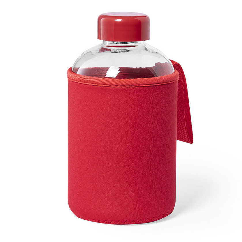 Glazen waterfles-drinkfles met rode softshell bescherm hoes 600 ml