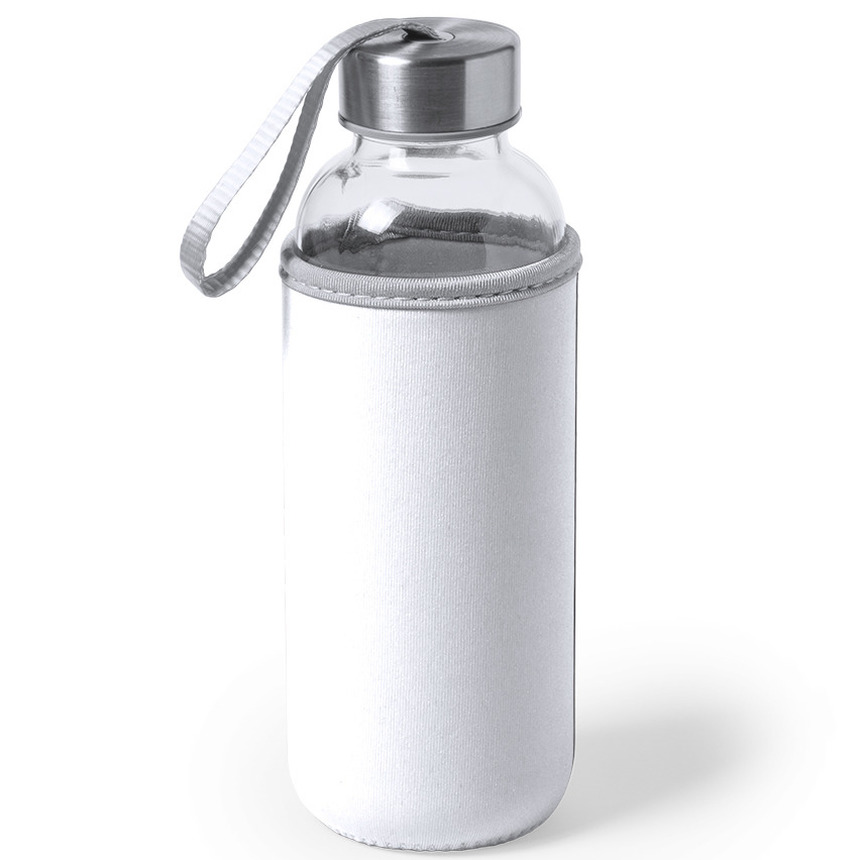 Glazen waterfles-drinkfles met witte softshell bescherm hoes 420 ml
