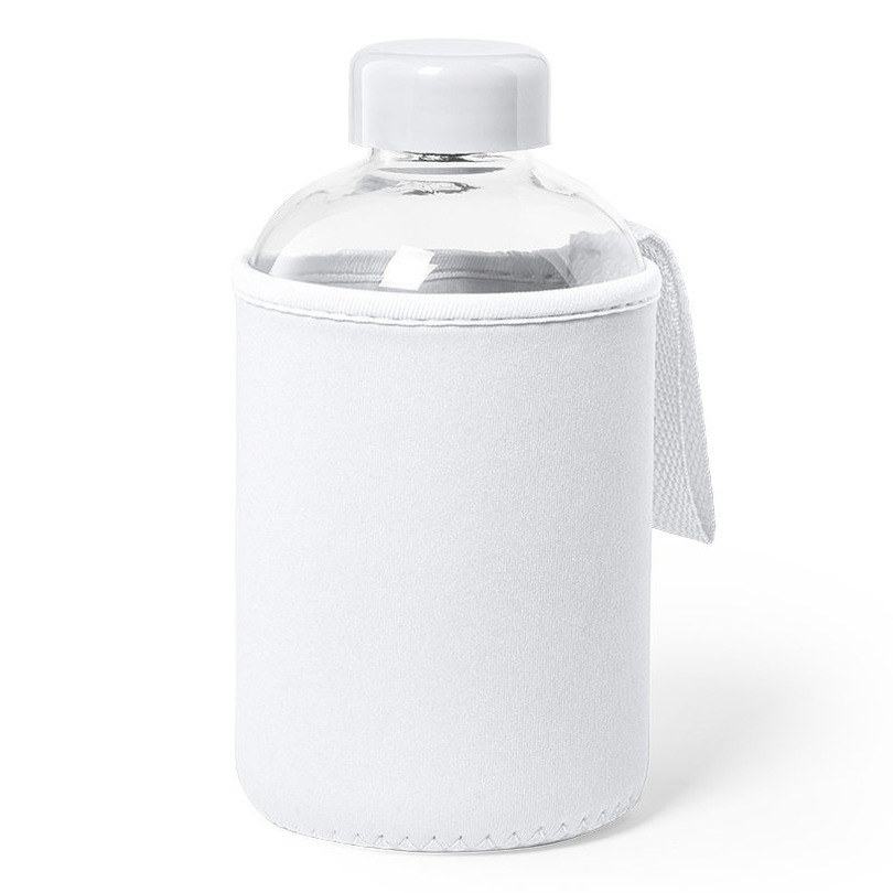 Glazen waterfles-drinkfles met witte softshell bescherm hoes 600 ml