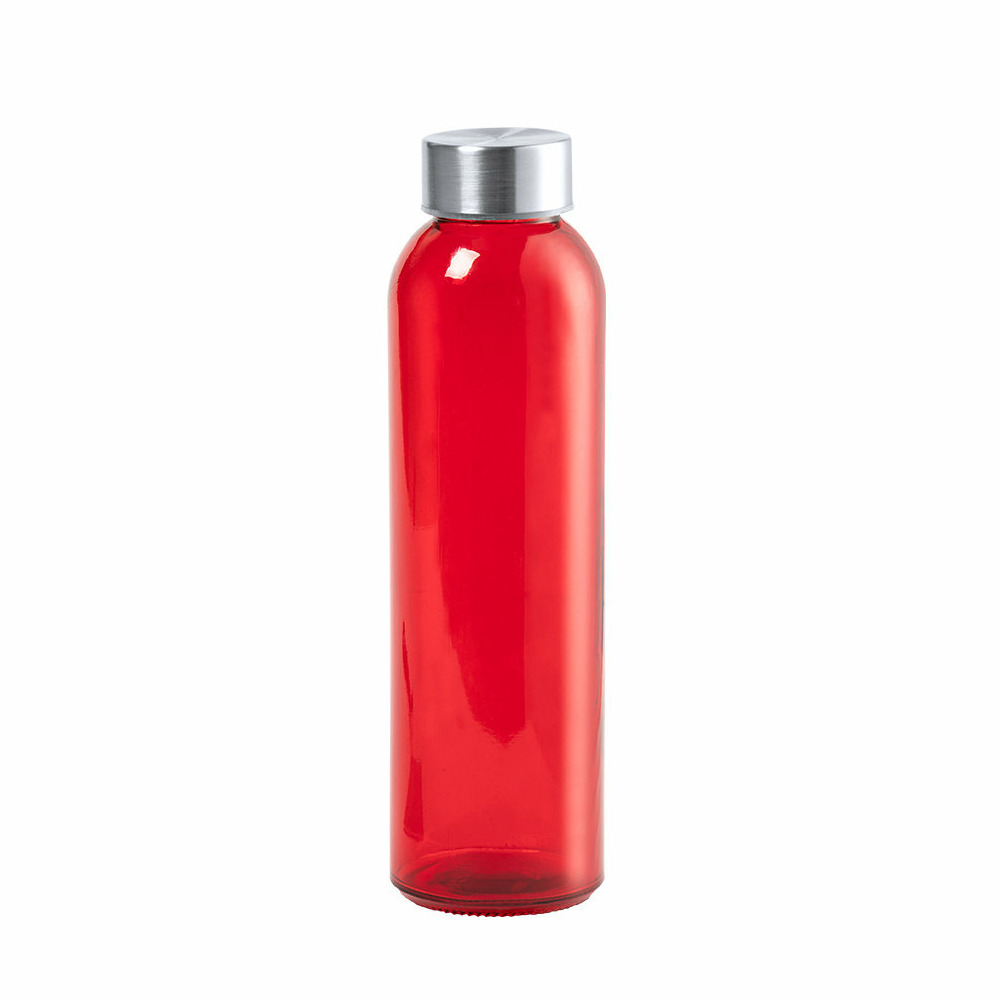 Glazen waterfles-drinkfles-sportfles rood transparant met RVS dop 500 ml