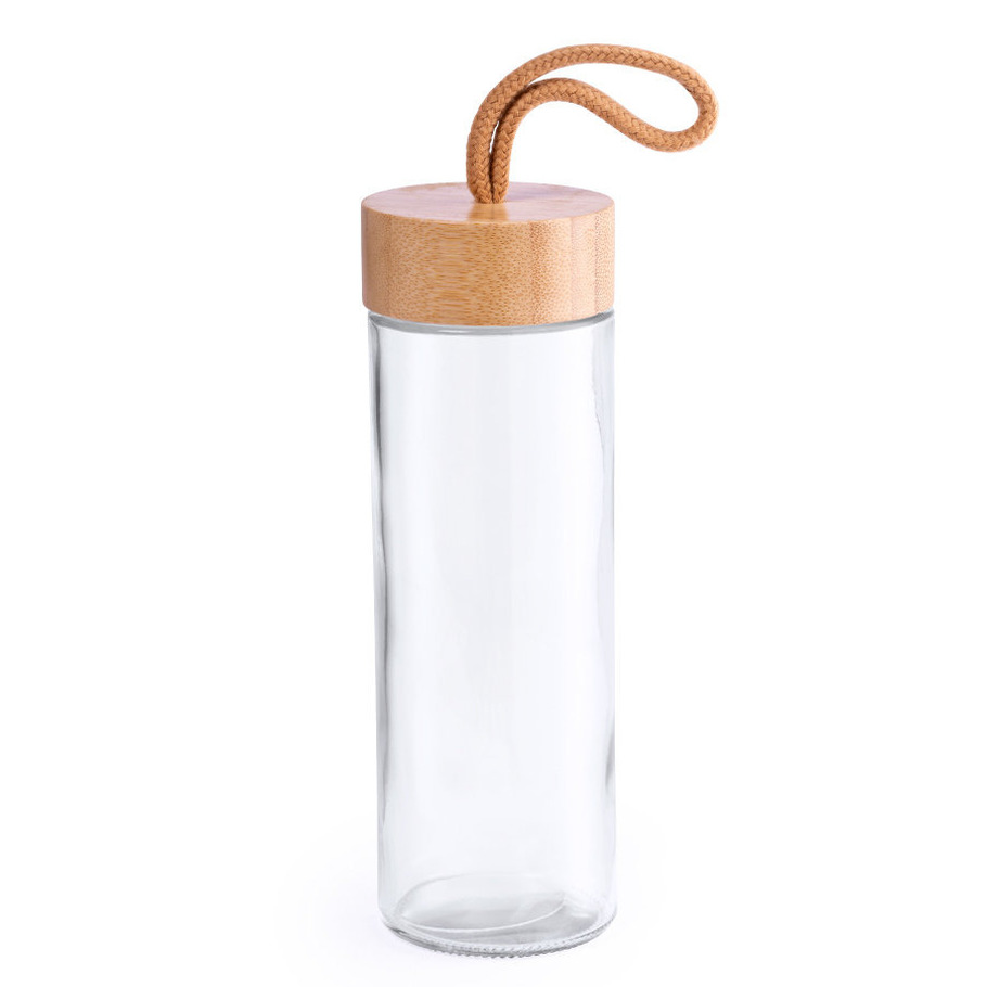 Glazen waterfles-drinkfles transparant met bamboe houten dop met handvat 420 ml
