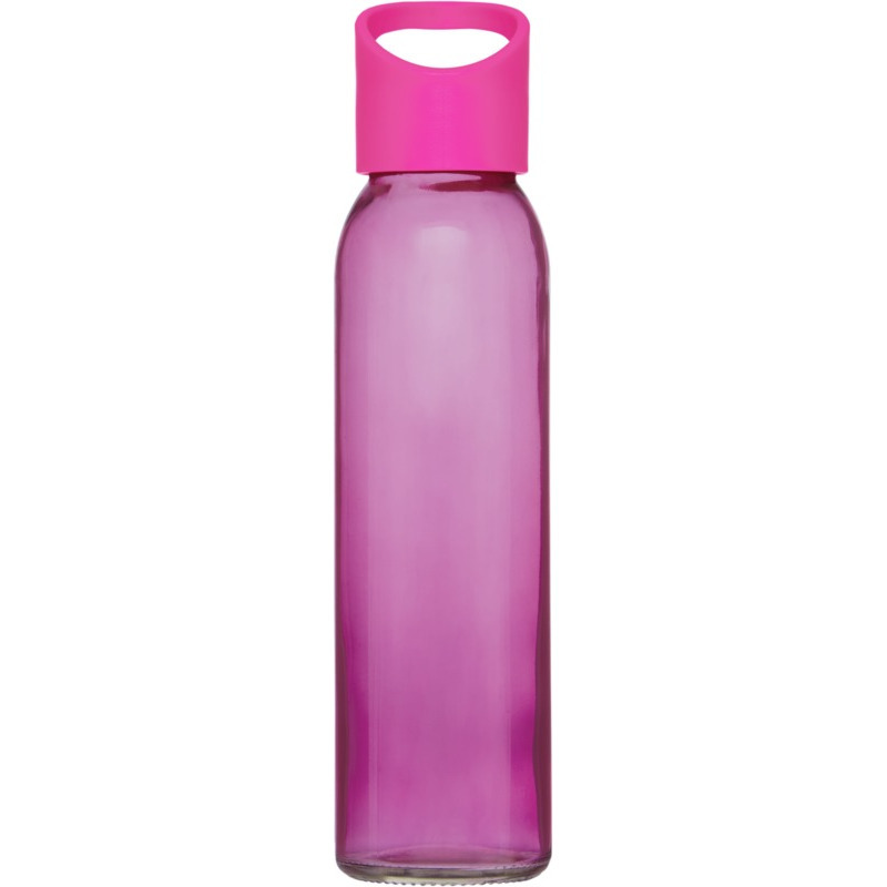 Glazen waterfles-drinkfles transparant roze met schroefdop met handvat 500 ml