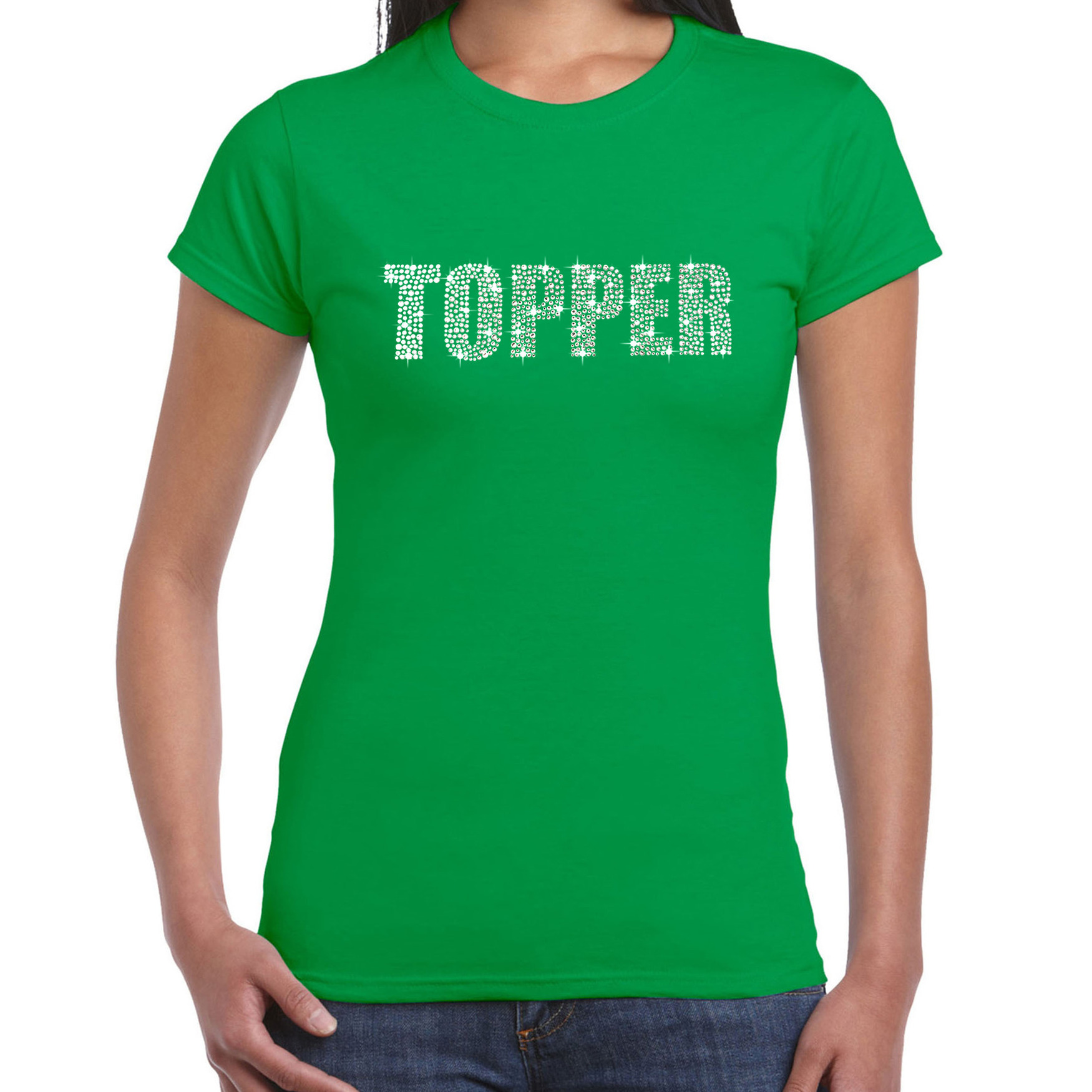 Glitter t-shirt groen Topper rhinestones steentjes voor dames Glitter shirt- outfit