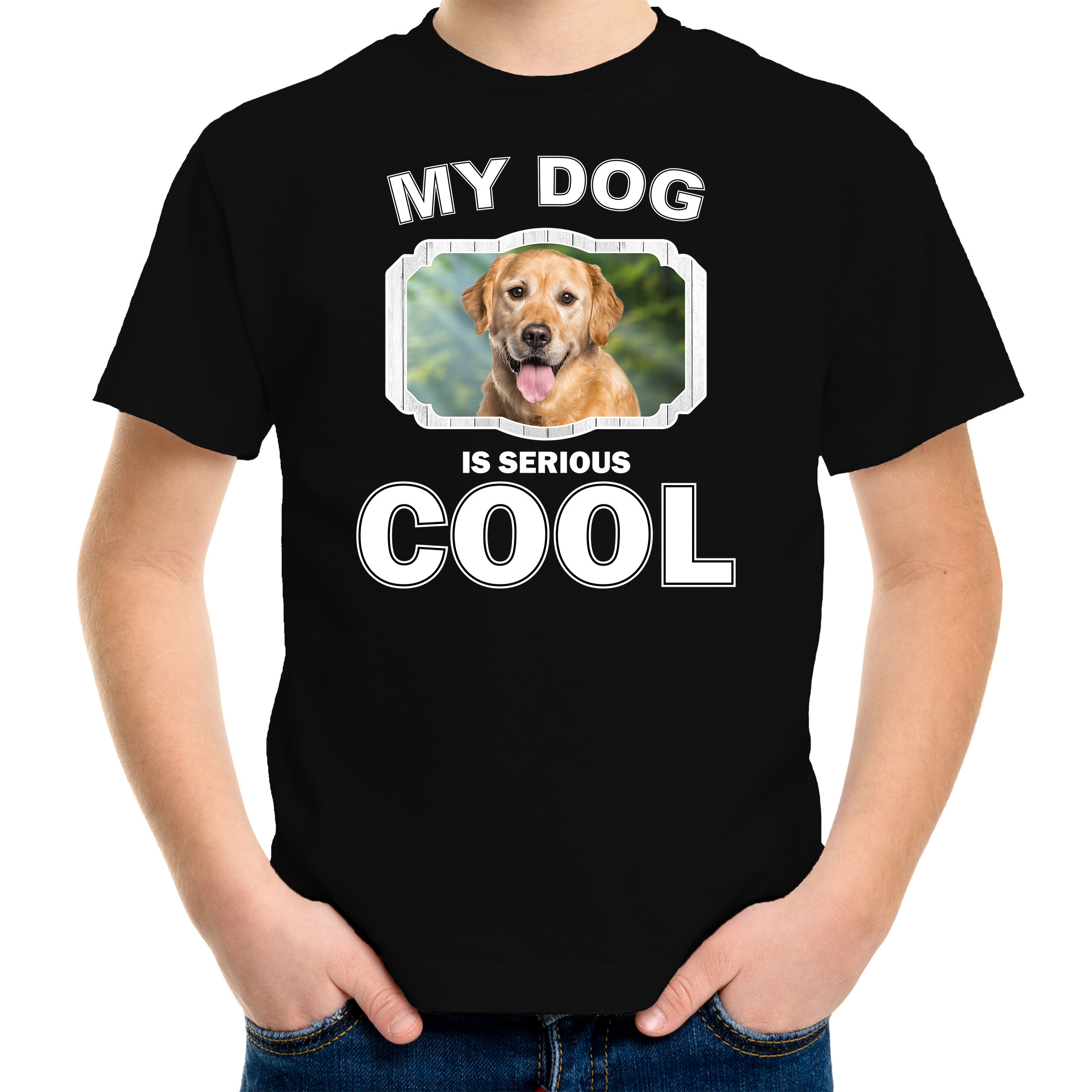 Golden retriever honden t-shirt my dog is serious cool zwart voor kinderen