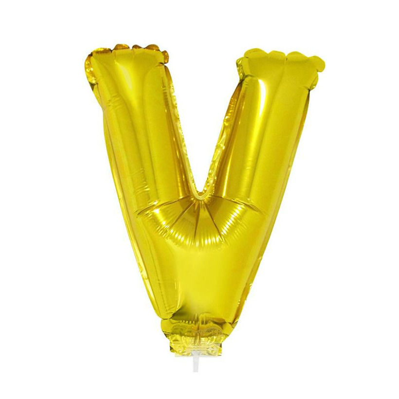 Gouden opblaas letter ballon V op stokje 41 cm