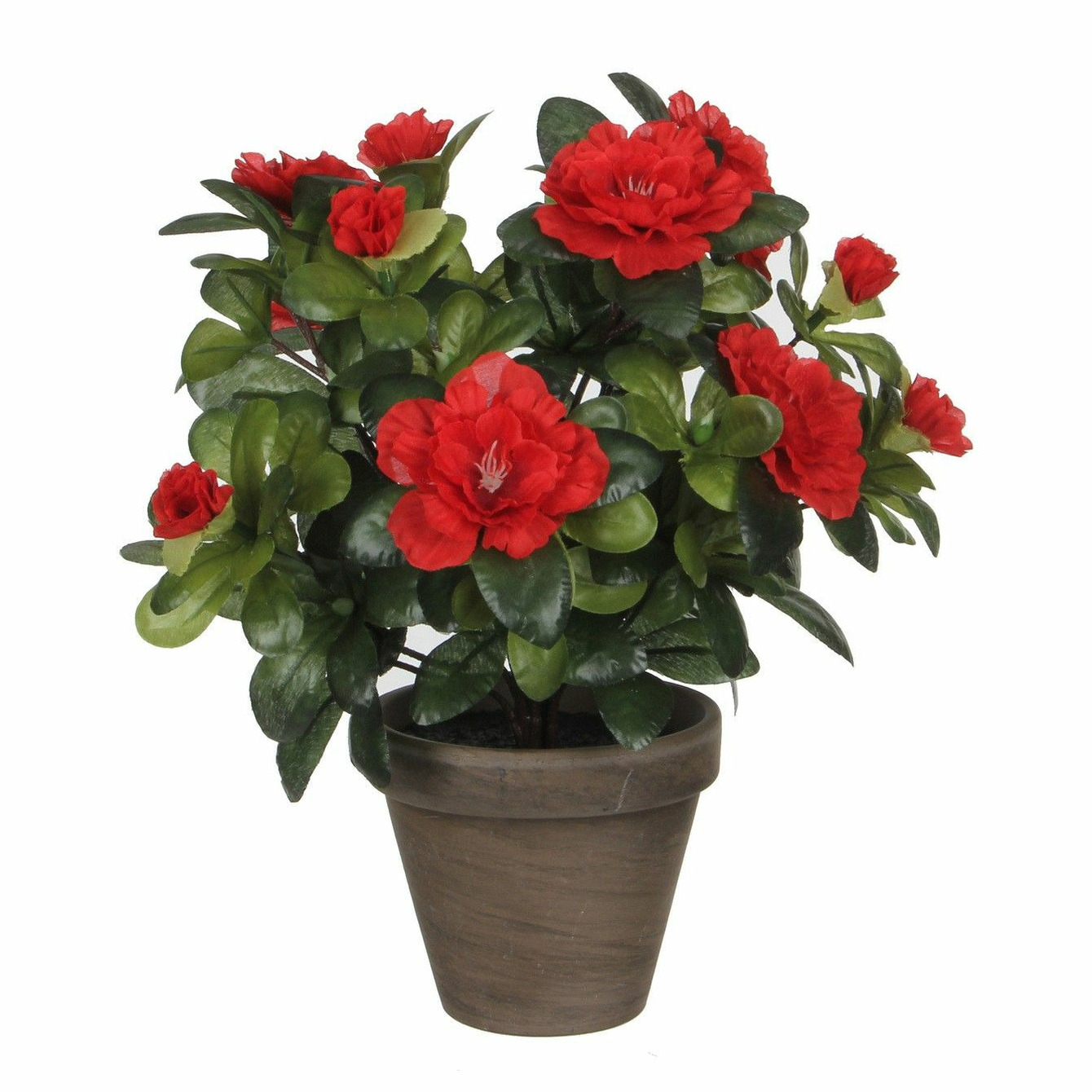 Groene Azalea kunstplant rode bloemen 27 cm in pot stan grey
