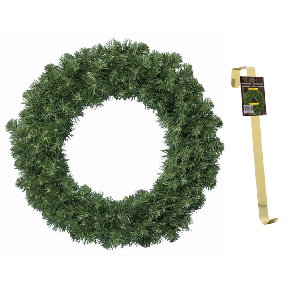 Groene kerstkrans-dennenkrans 60 cm met 200 takken kerstversiering en met gouden hanger