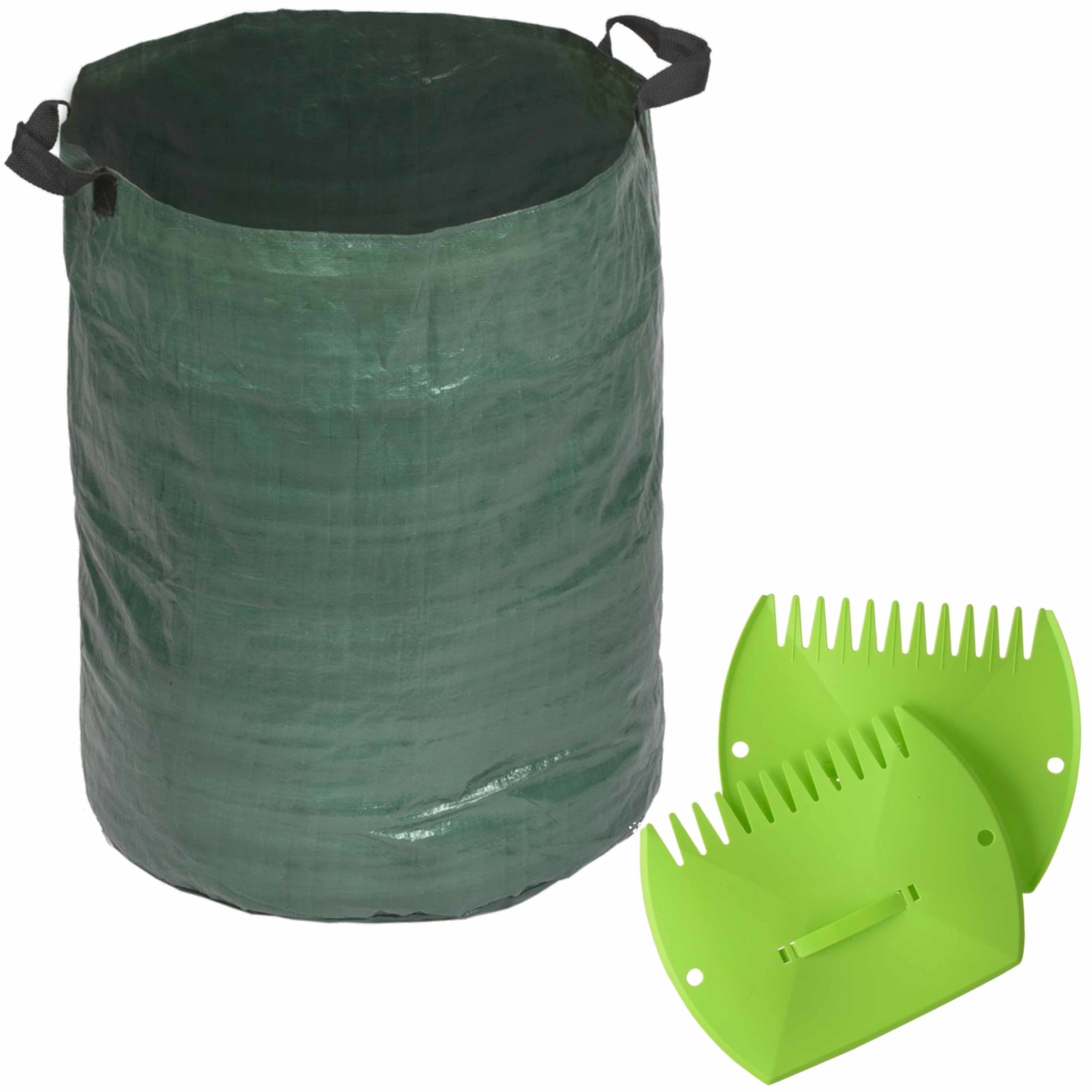 Groene tuinafvalzak opvouwbaar 120 liter met een setje bladharken-tuinafval grijpers