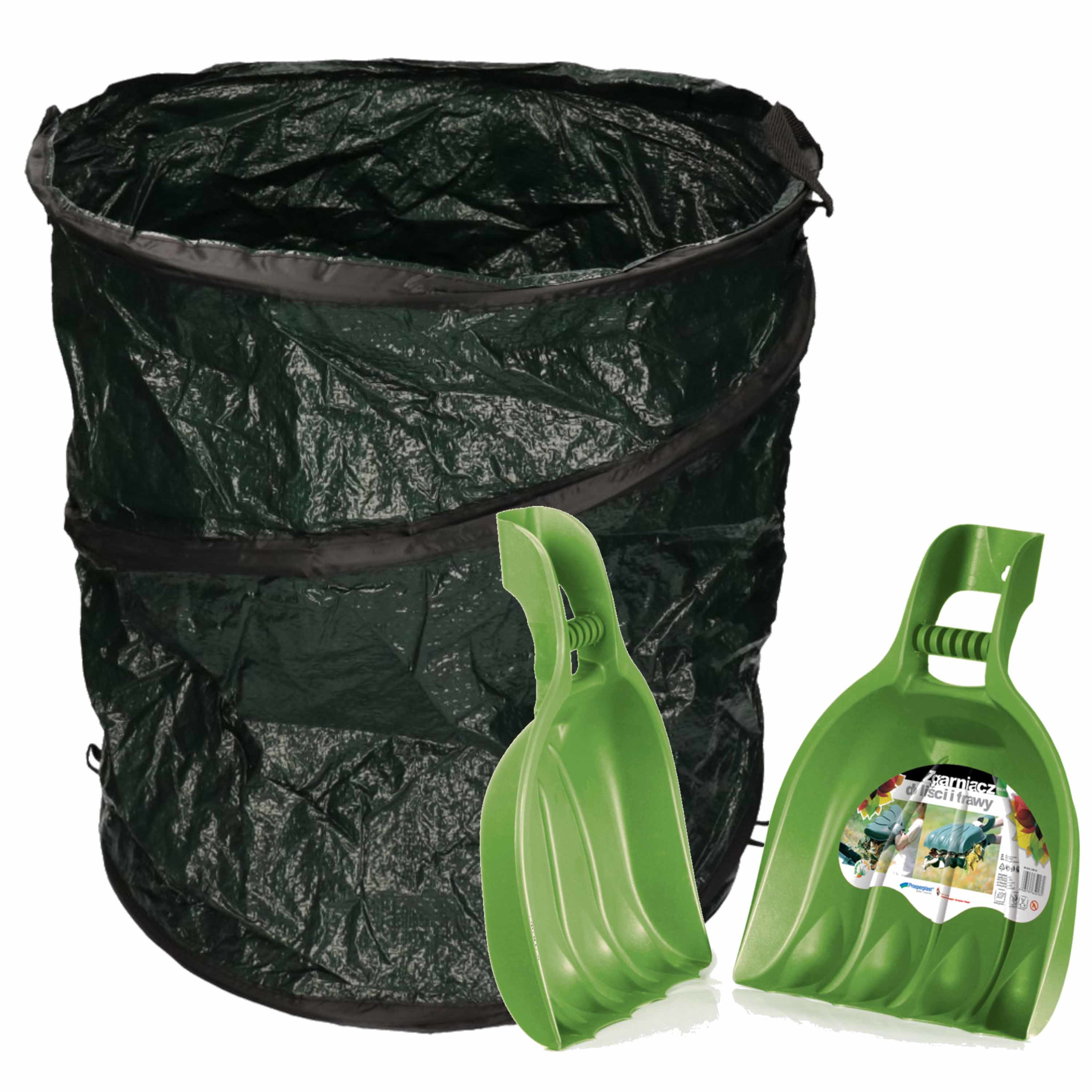 Groene tuinafvalzak opvouwbaar 90 liter met een setje bladharken-tuinafval grijpers