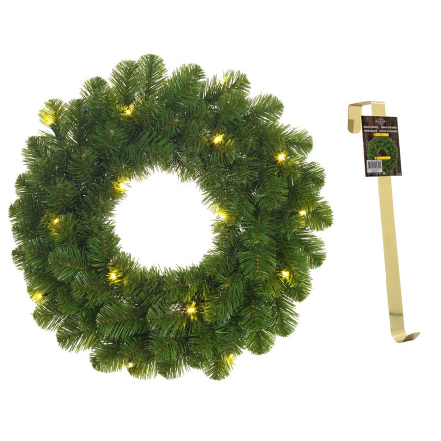 Groene verlichte kerstkransen-deurkransen met 30 LEDS 60 cm en met gouden hanger