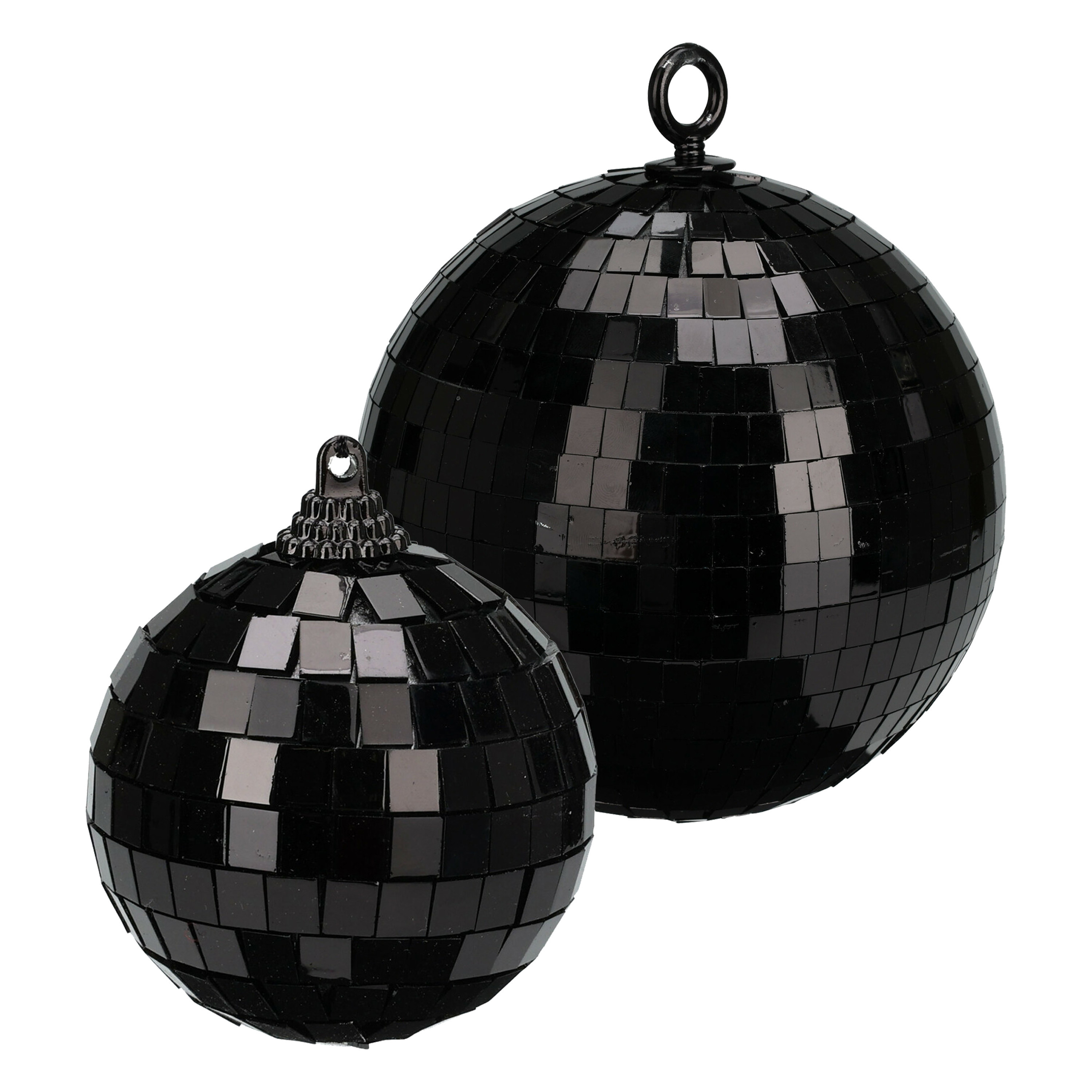 Grote discobal kerstballen 2x st zwart 12 en 15 cm kunststof