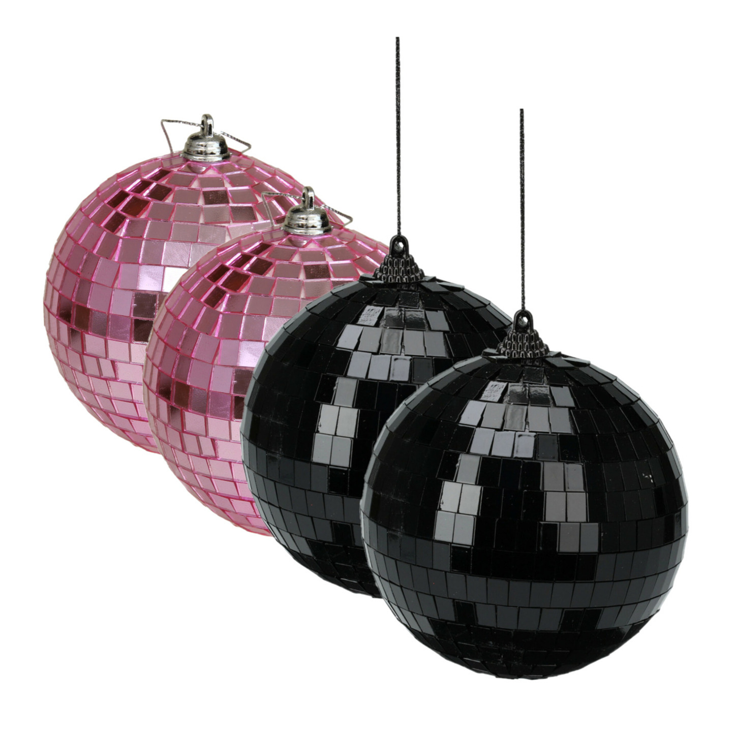 Grote discobal kerstballen 4x st roze en zwart 10 cm kunststof