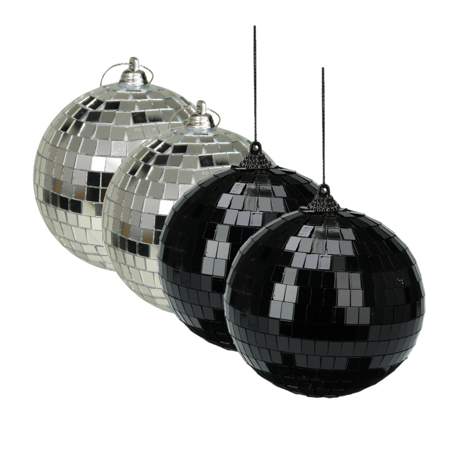 Grote discobal kerstballen 4x st zilver en zwart 10 cm kunststof