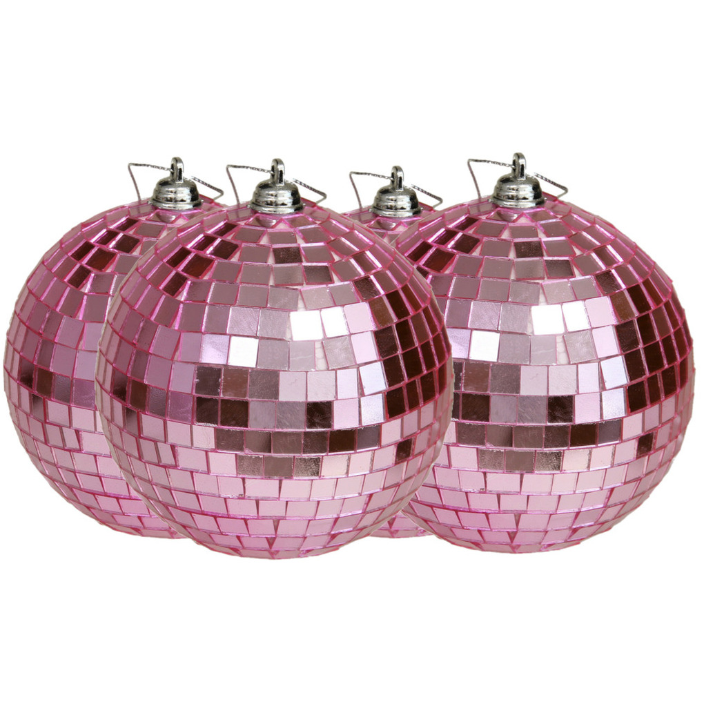 Grote discobal kerstballen 4x stuks roze 10 cm kunststof