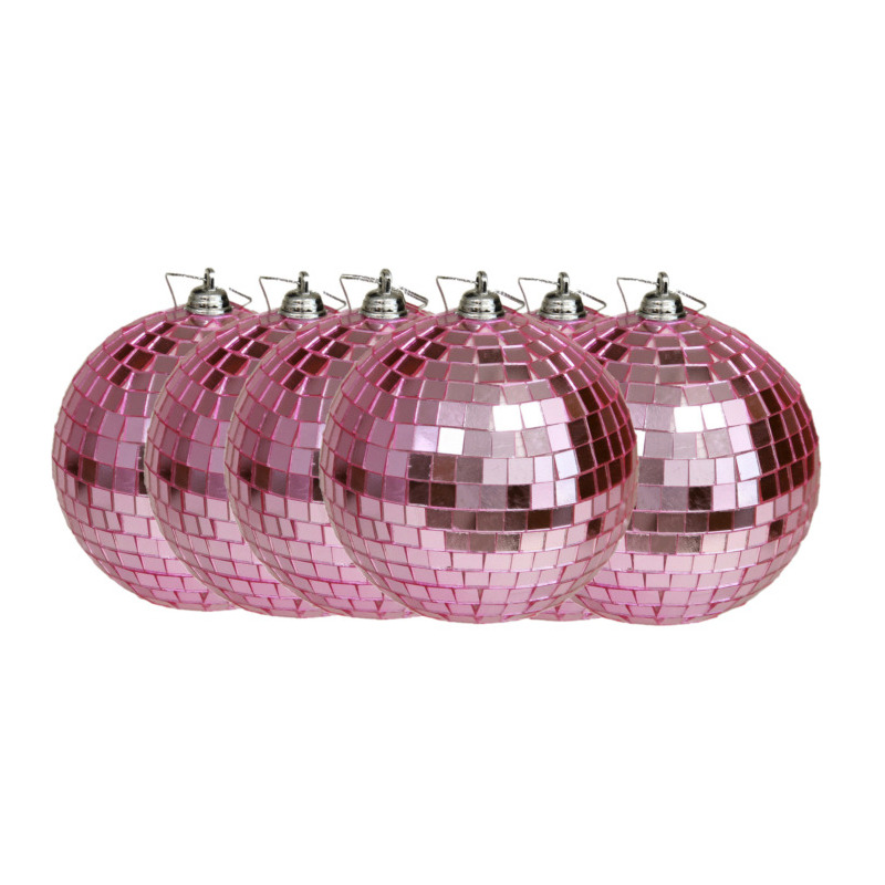 Grote discobal kerstballen 6x stuks roze 10 cm kunststof