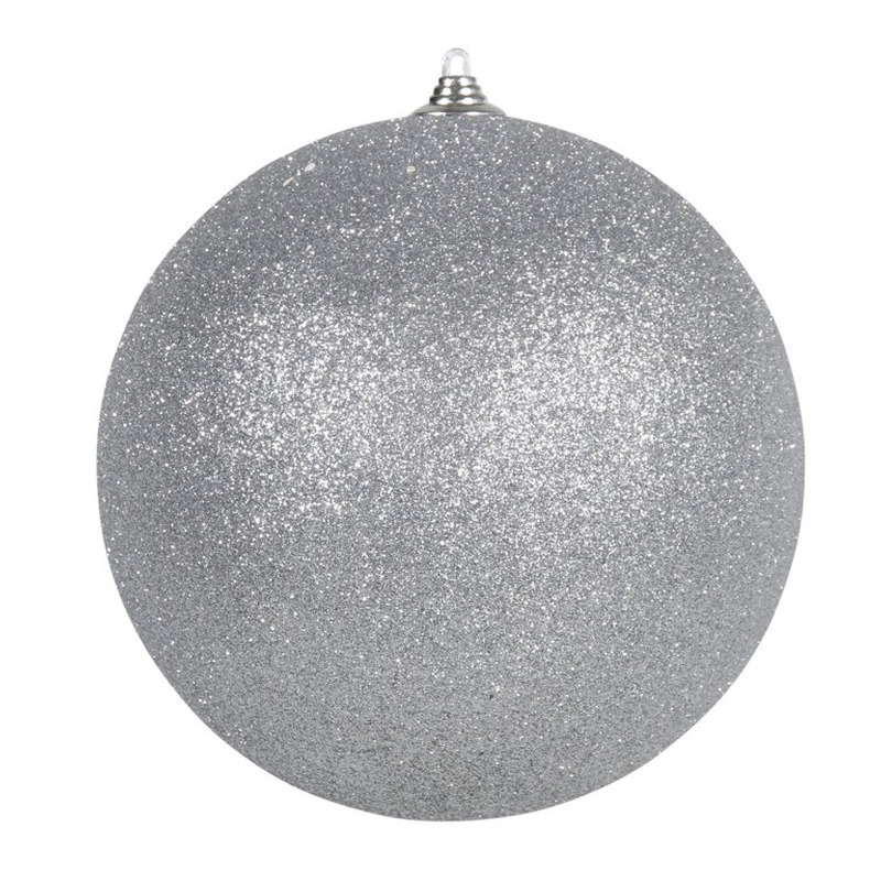 Grote kerstbal zilver 10 cm kunststof glitters kerstversiering