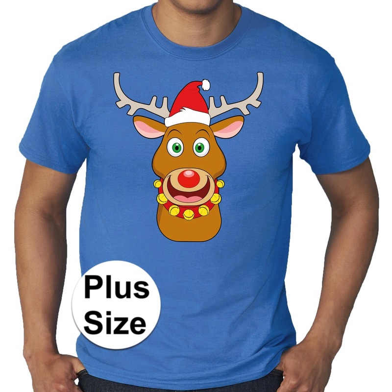 Grote maten fout Kerst shirt Rudolf het rendier blauw heren
