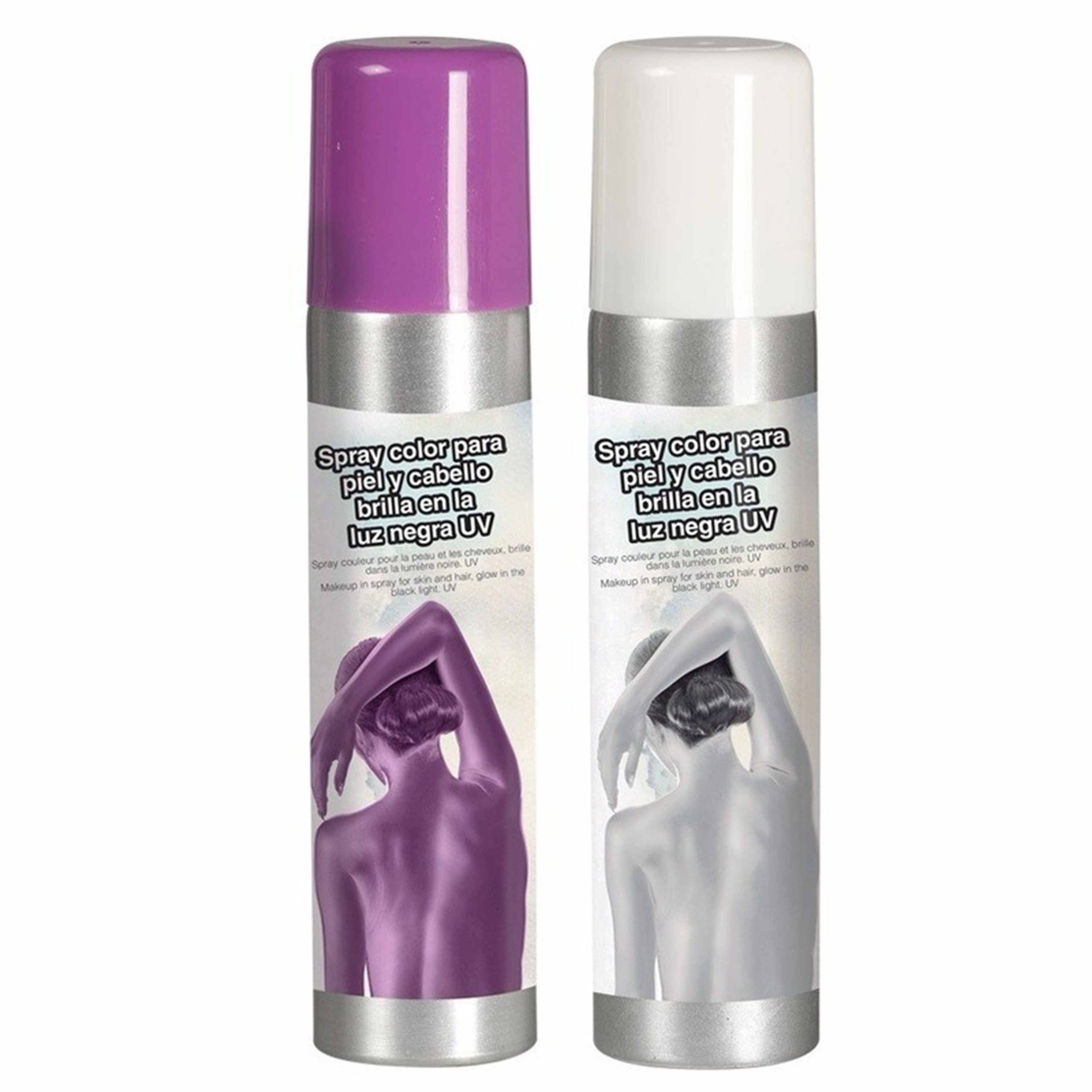 Guirca Haarspray-bodypaint spray 2x kleuren wit en paars 75 ml
