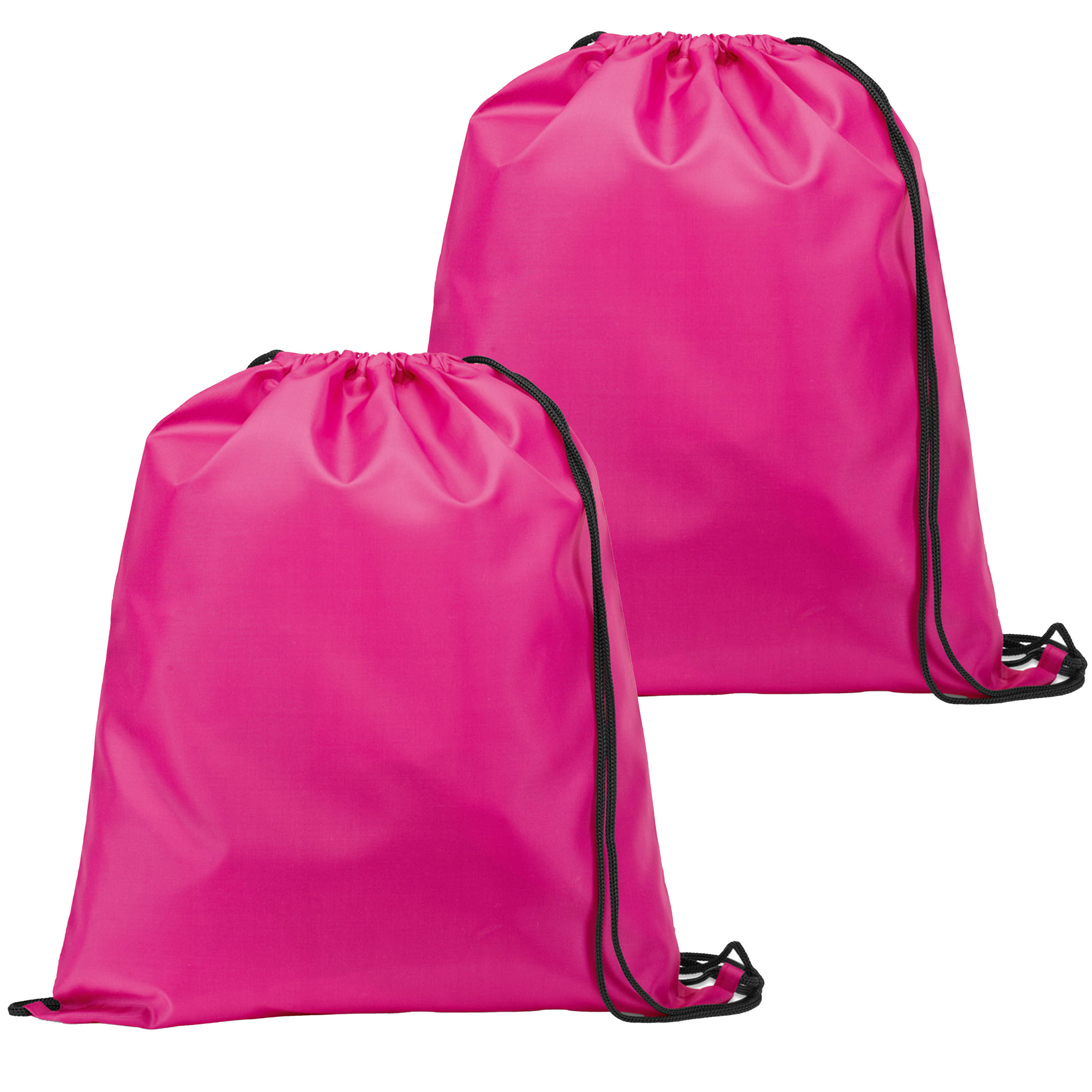Gymtas-lunchtas-zwemtas met rijgkoord 2x voor kinderen fuchsia roze 35 x 41 cm