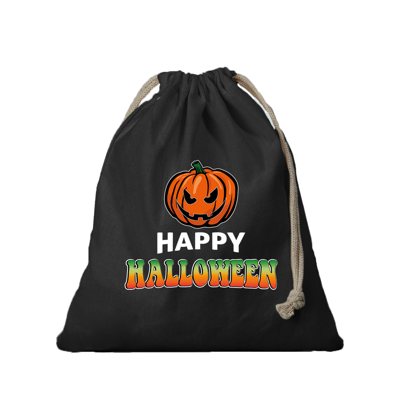 Halloween - 2x Pompoen / happy halloween canvas snoep tasje/ snoepzakje zwart met koord 25 x 30 cm
