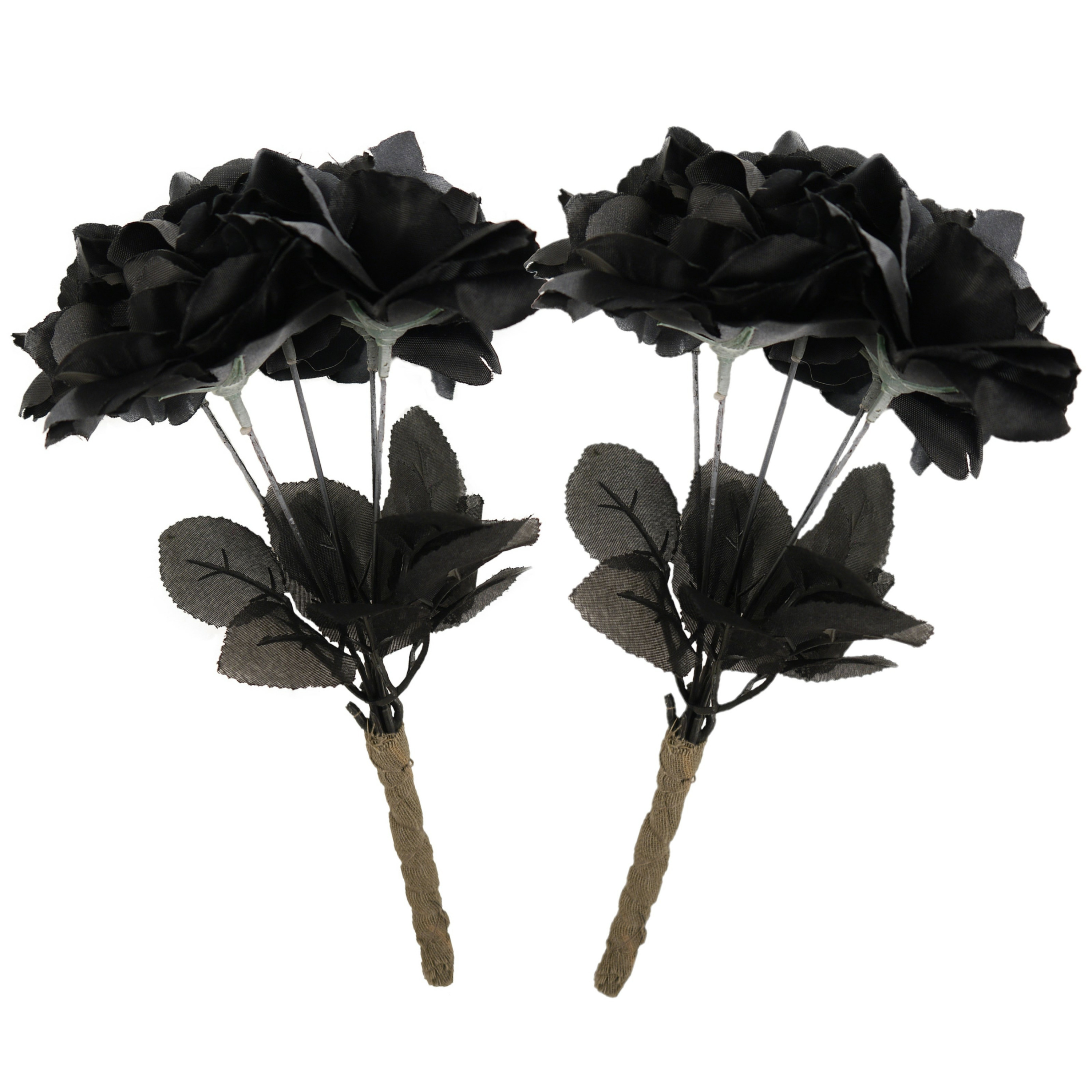 Halloween 2x rozenboeketjes met zwarte rozen 35 cm