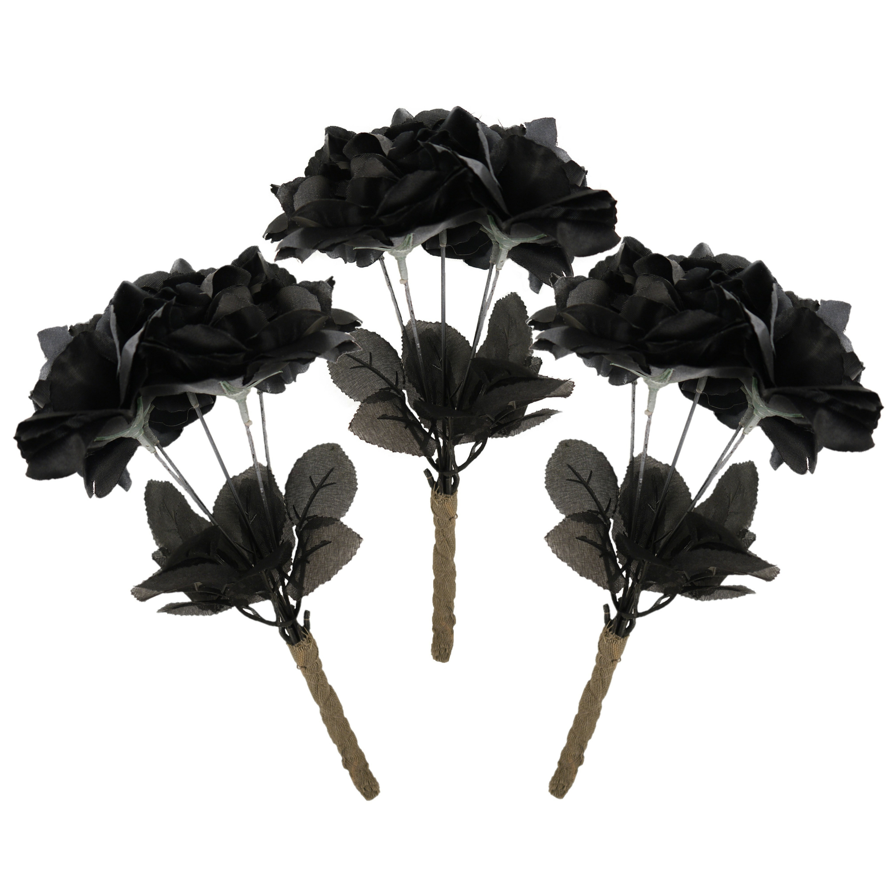 Halloween 3x rozenboeketjes met zwarte rozen 35 cm