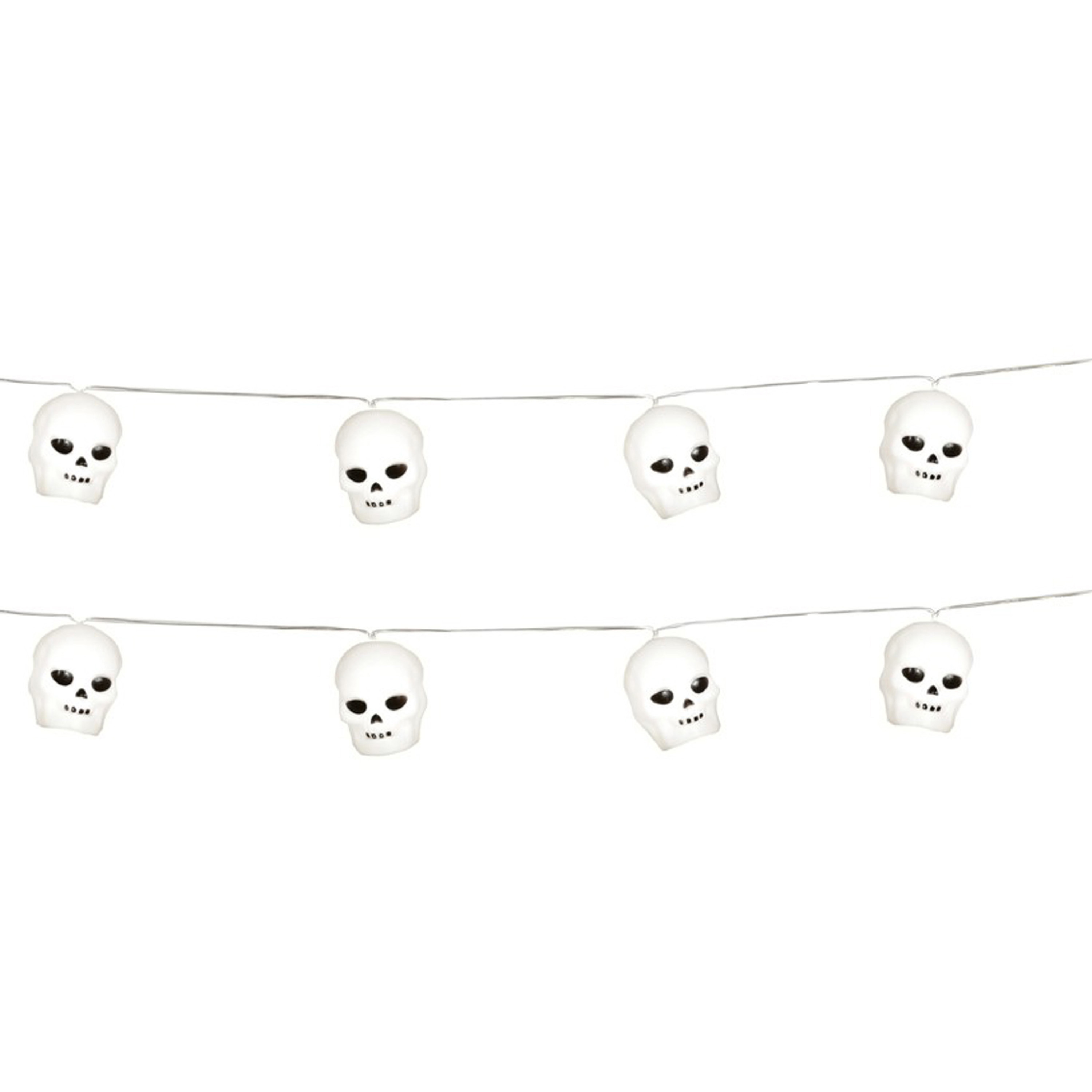 Halloween deco LED verlichting-lampjes schedels 2x op batterijen 220 cm griezel uitstraling